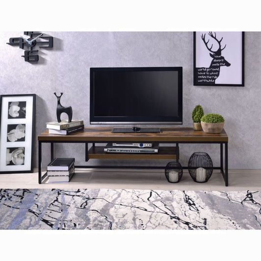 Rustic wood and metal tv stand with black metal frame and open shelving