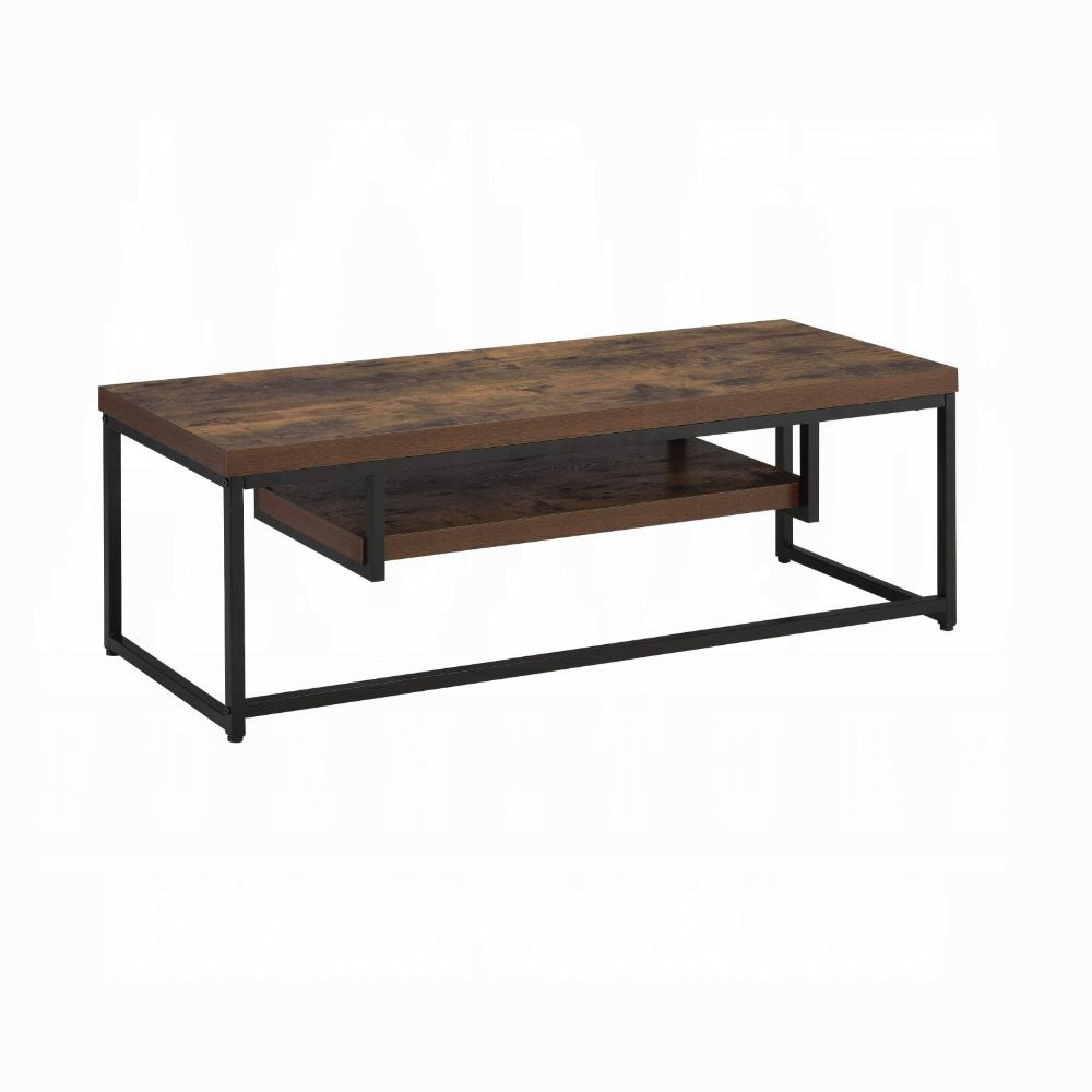 Rustic wood coffee table with a modern black metal frame and two tiers for storage