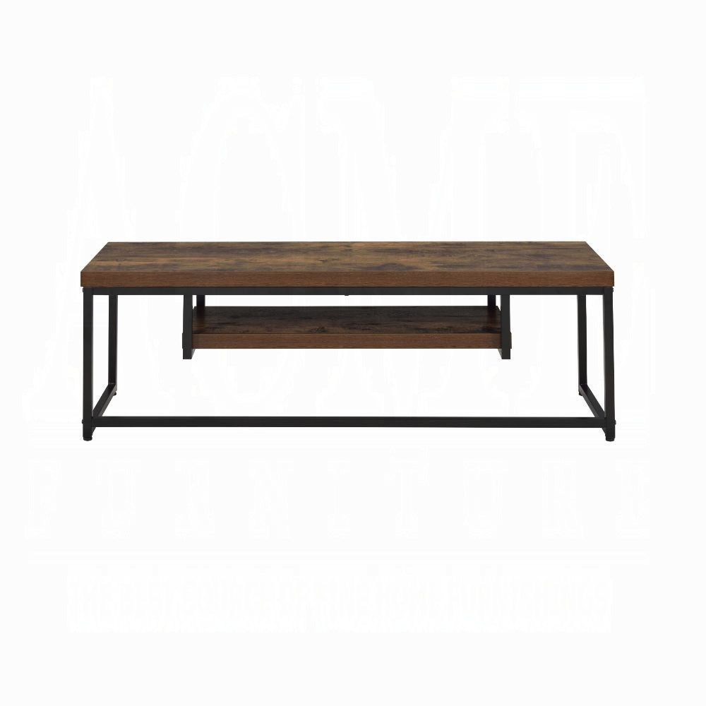 Industrial style coffee table with dark wood finish and black metal frame featuring a lower shelf for storage