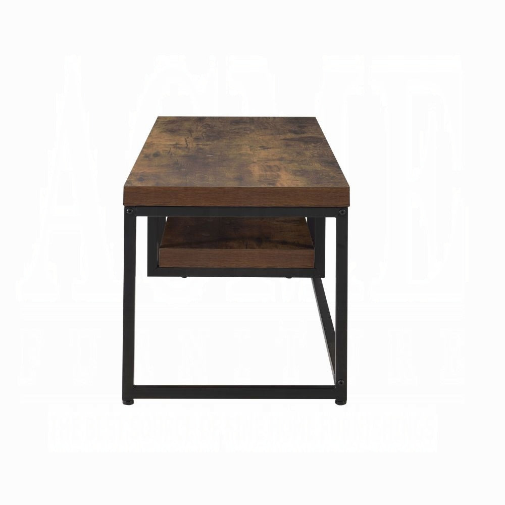 Rustic brown wood and black metal coffee table with lower shelf