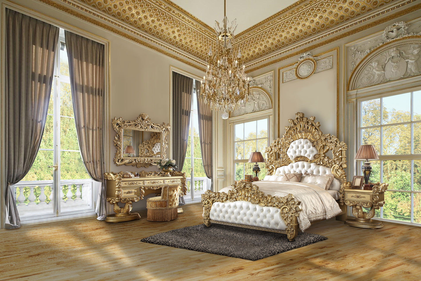 Ornate gold baroque bed frame with tufted white upholstery a centerpiece for luxury bedrooms