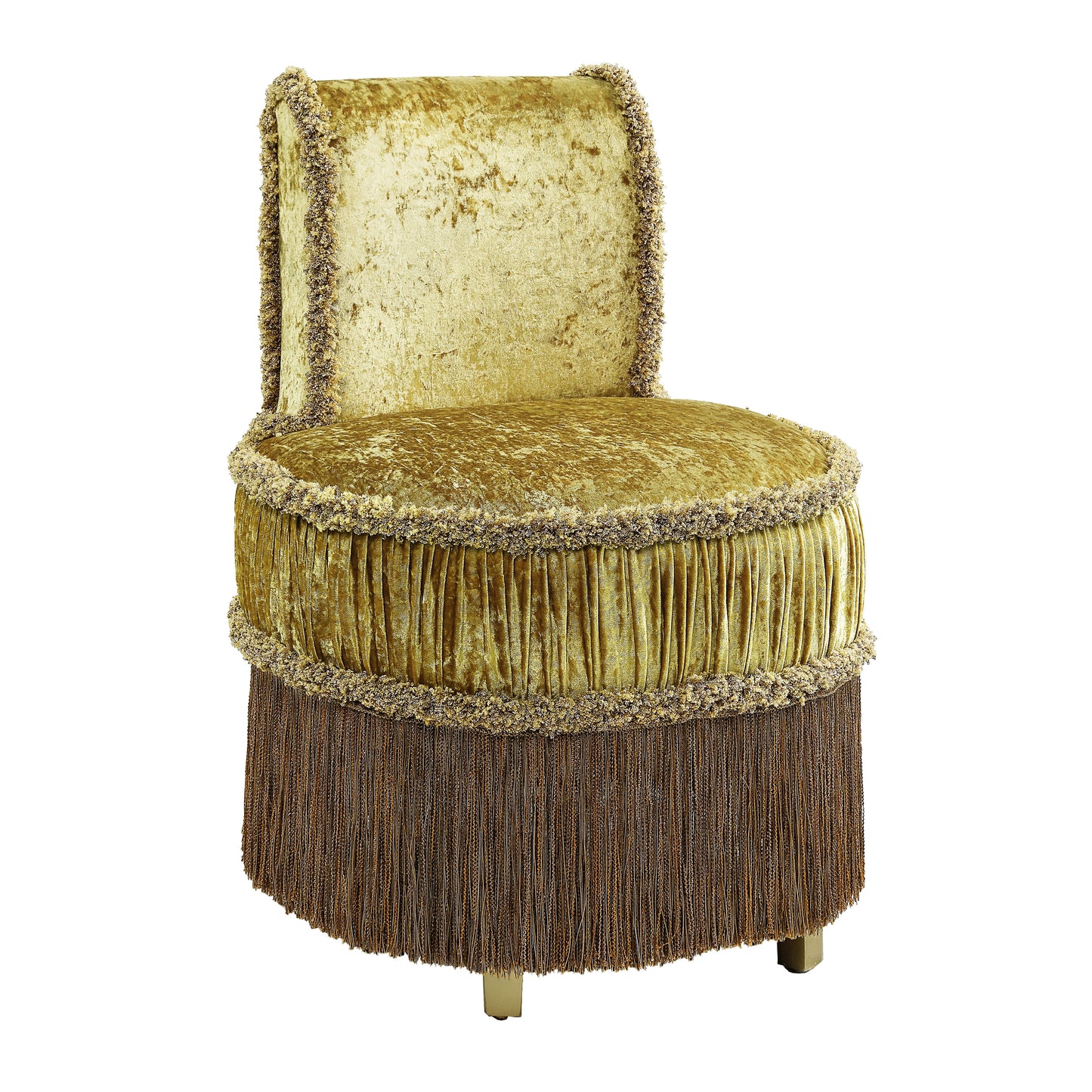 Gold velvet accent chair with tasseled trim and pleated fabric skirt for a statement living room piece