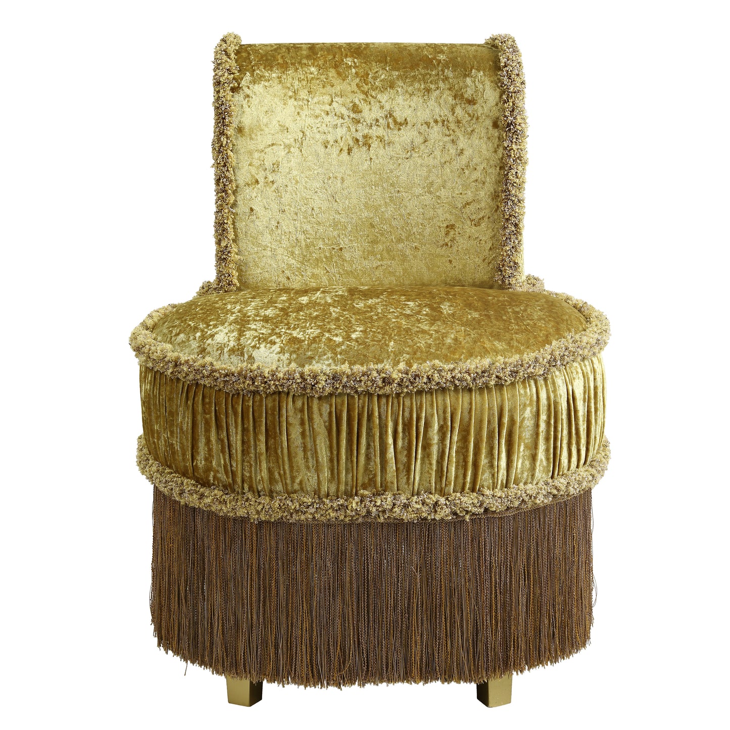Luxurious velvet accent chair in gold with ornate fringe detailing a statement piece