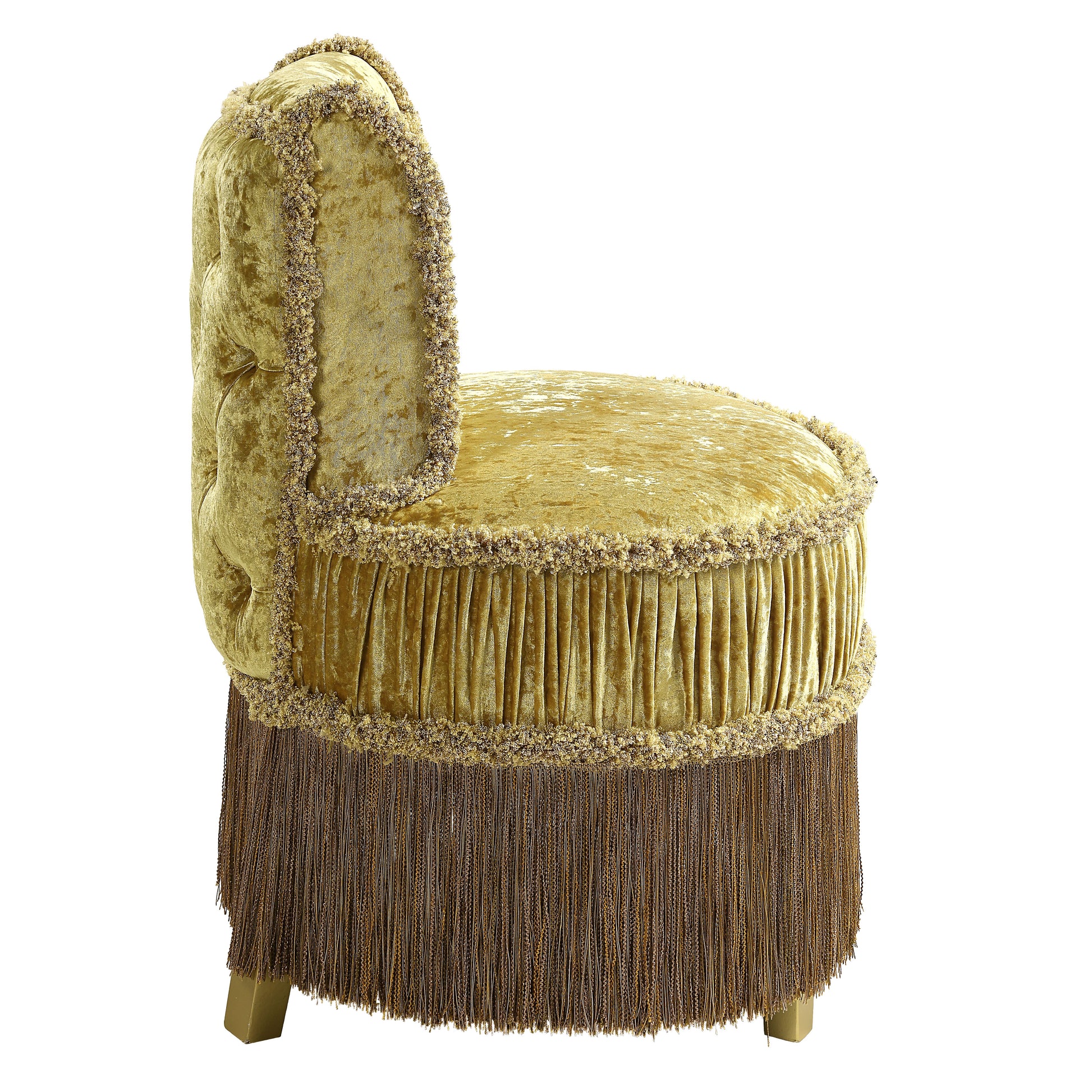 Ornate gold velvet vanity stool with tufted back and fringe detail