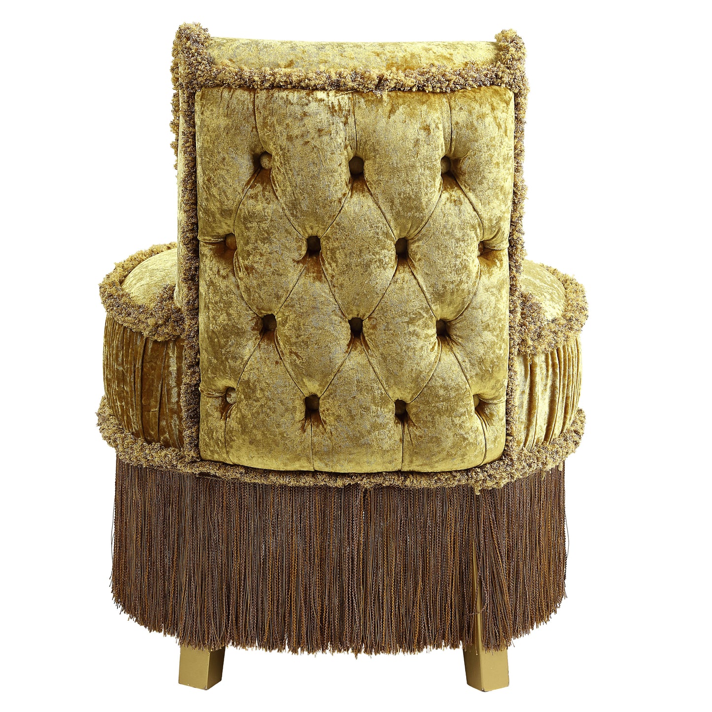 Gold velvet tufted armchair with ornate fringe and beaded trim