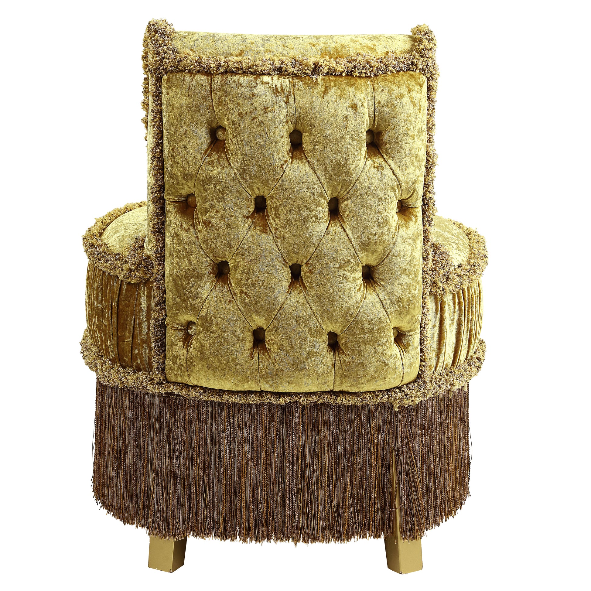 Gold velvet tufted armchair with ornate fringe and beaded trim