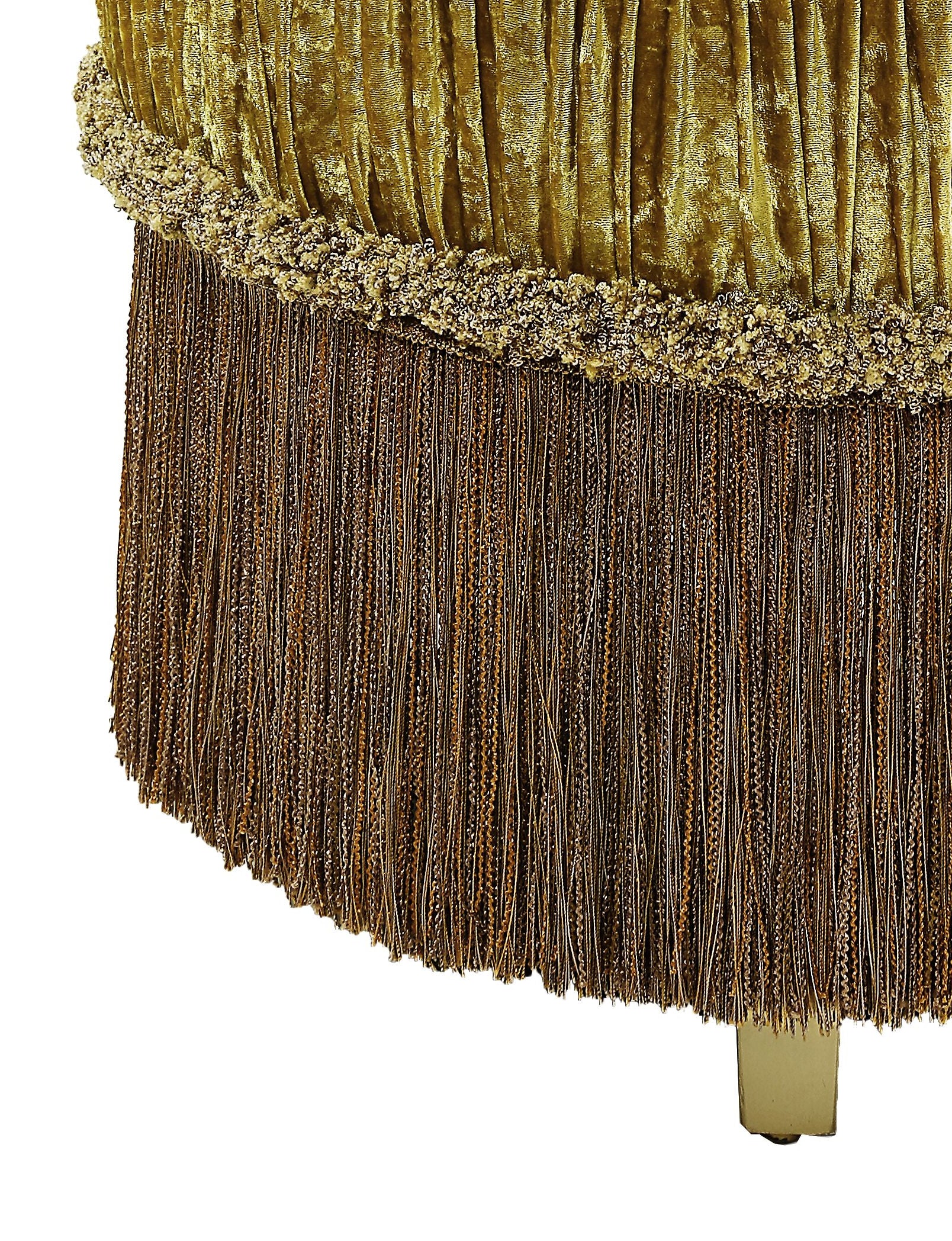 Gold crushed velvet ottoman skirt with ornate beaded trim and fringe detail