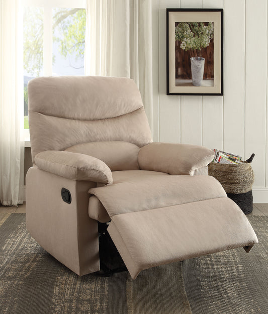 Comfortable beige recliner chair with plush fabric and reclining footrest