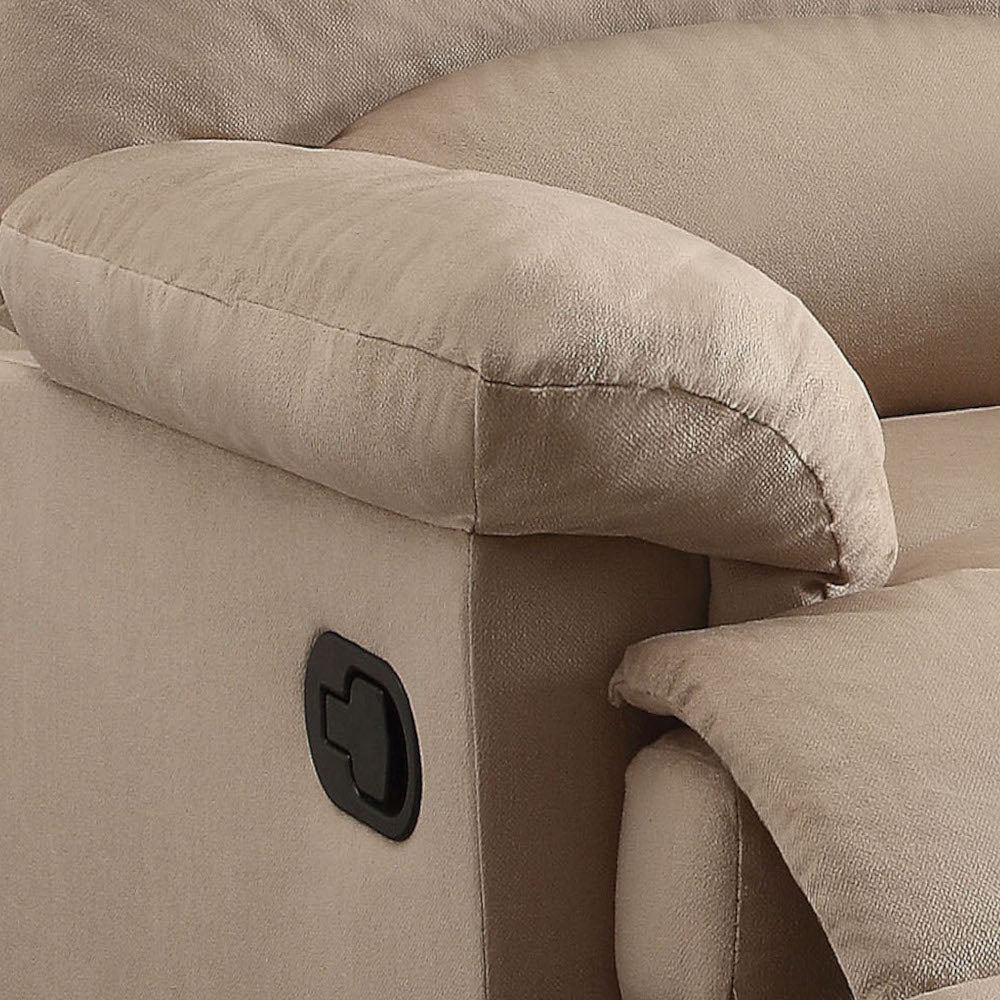 Tan fabric recliner armrest with black release lever