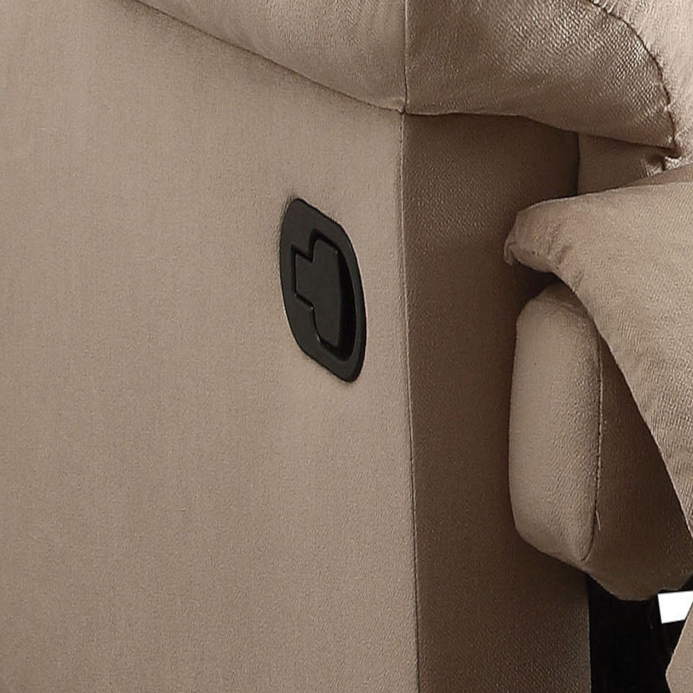 Beige recliner chair side with black lever mechanism detail