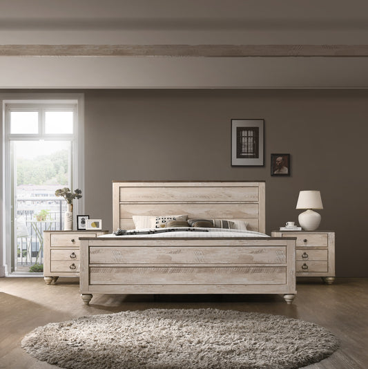 Distressed white wood king bed frame with textured horizontal planks