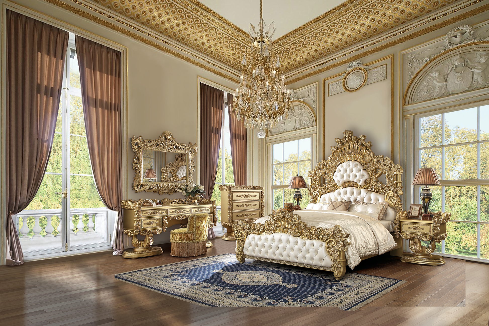 Opulent gold carved bed frame with tufted white headboard and matching nightstands