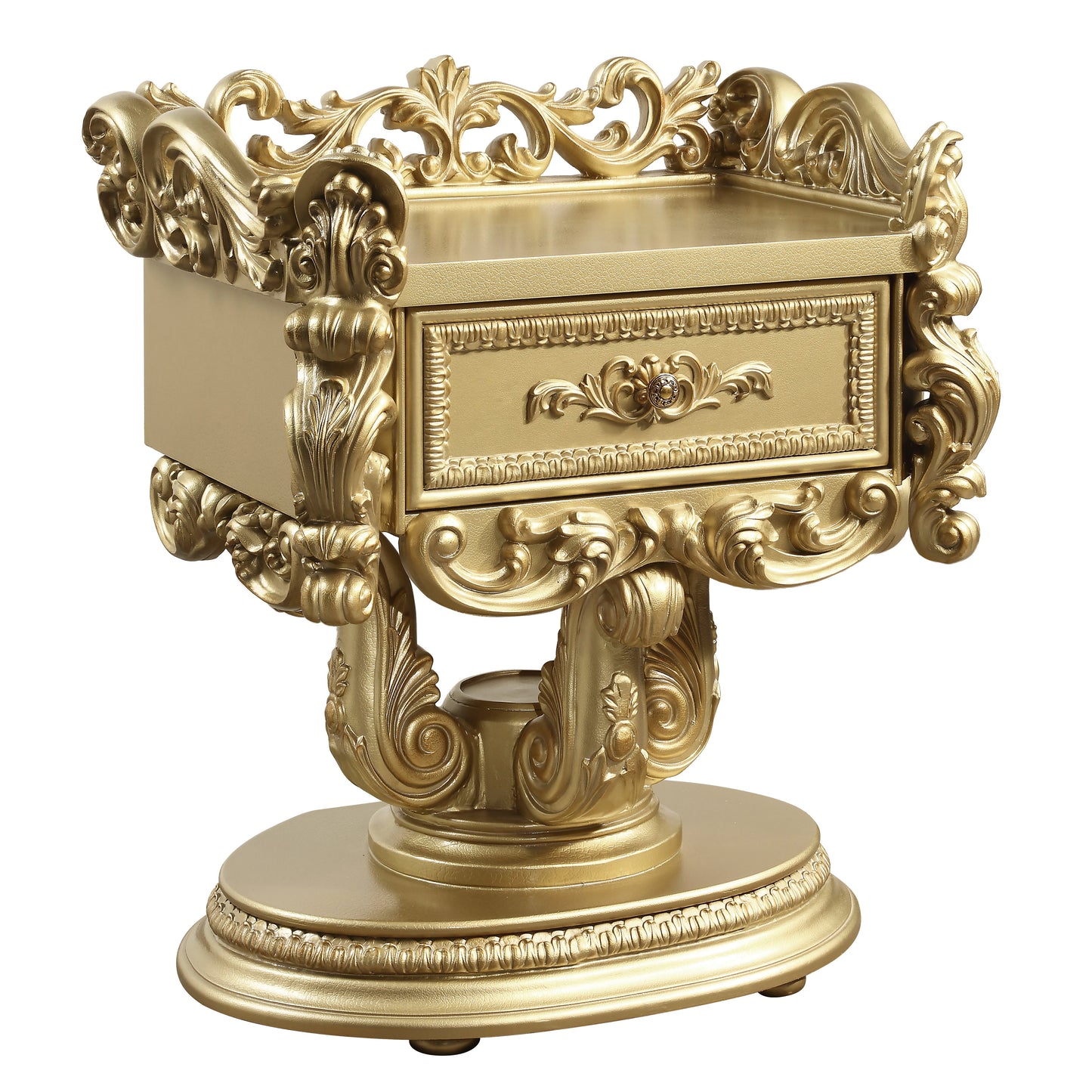 Luxurious gold ornate nightstand with carved details and a single drawer