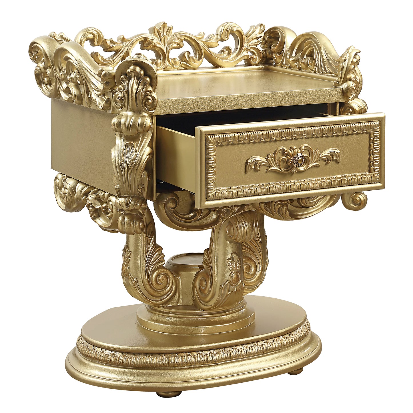 Ornate antique gold bedside table with ornate details and an open drawer