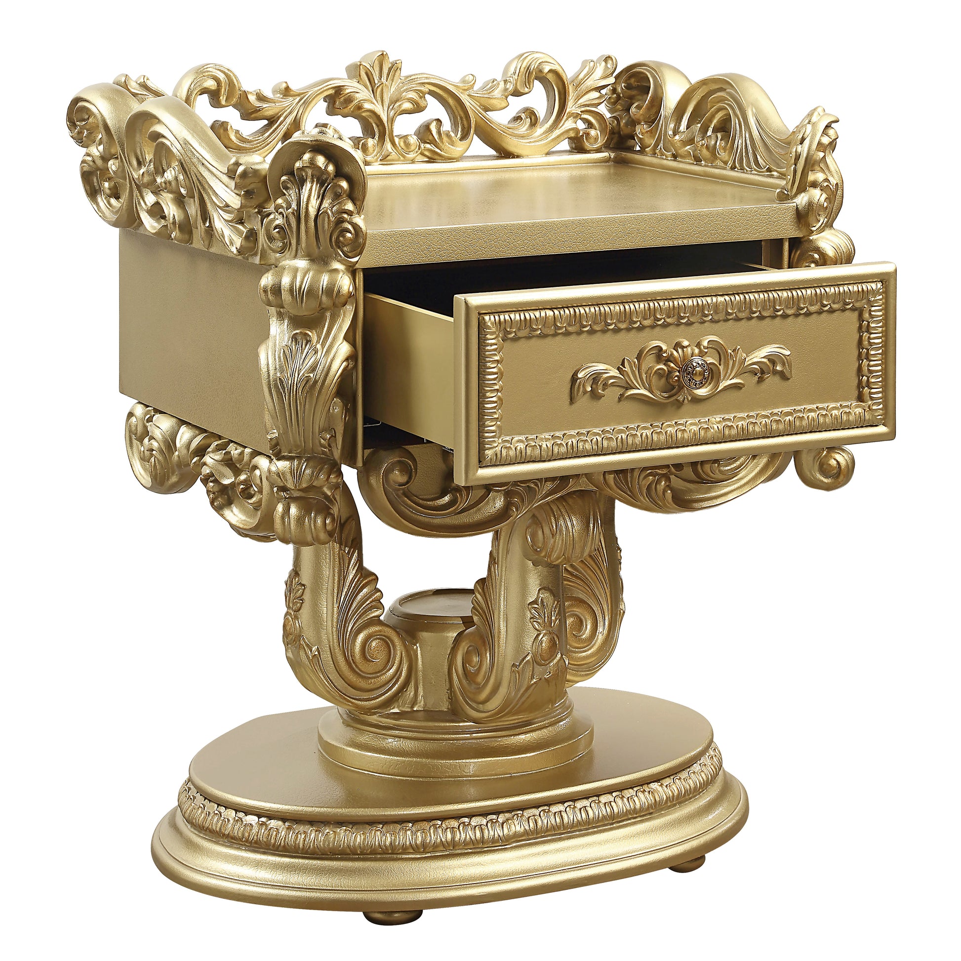 Ornate antique gold bedside table with ornate details and an open drawer