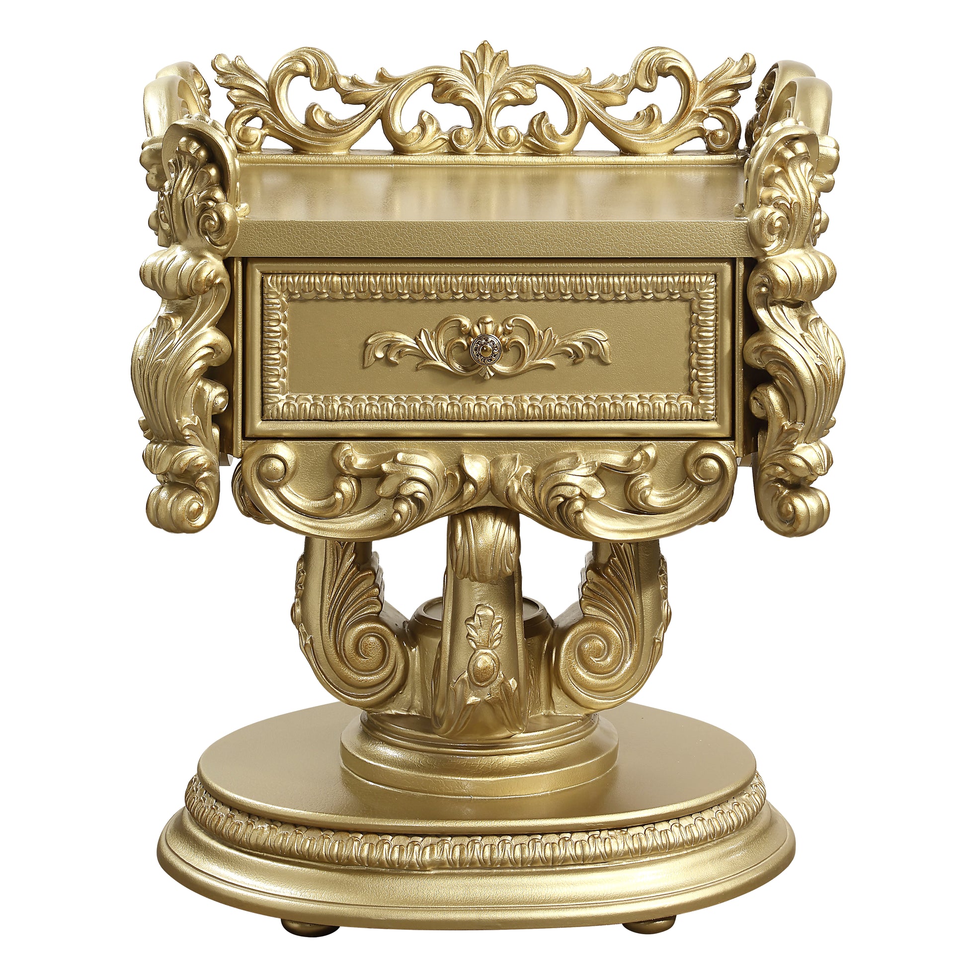 Ornate gold carved nightstand with a single drawer and a crystal pull