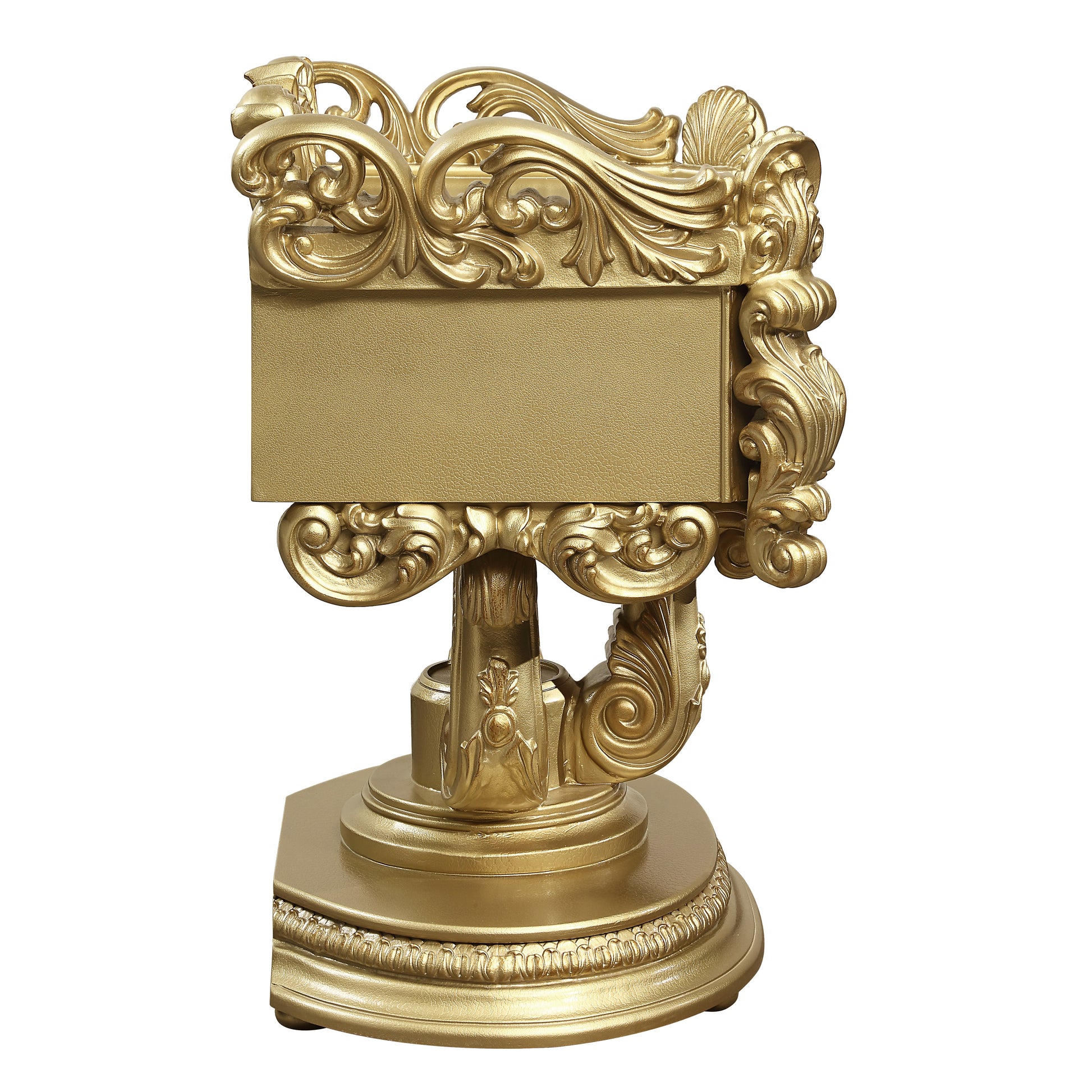 Antique gold ornate stationery holder with embossed textured panel and scrolled supports