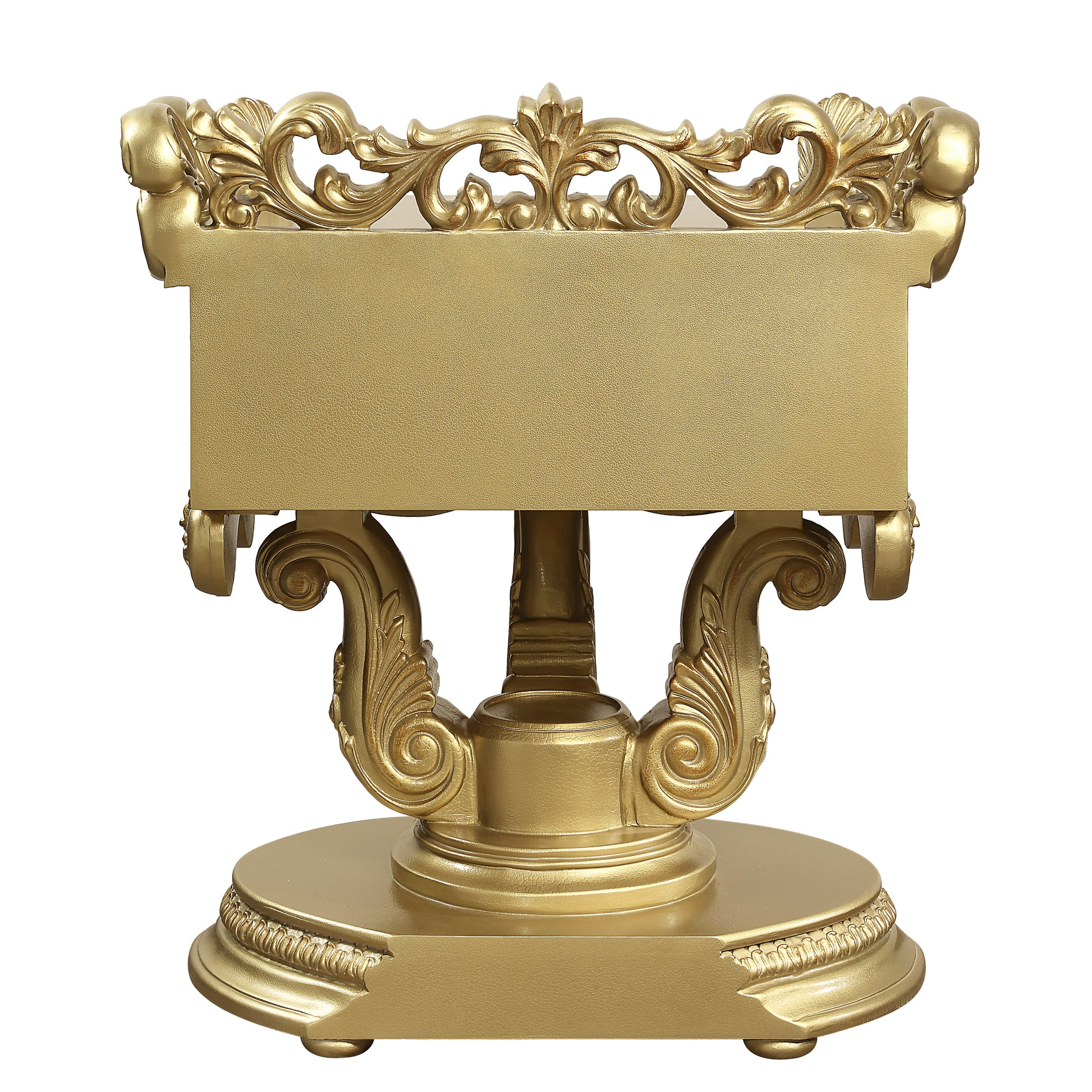 Ornate gold pedestal with scrolled detailing ideal for displaying statues
