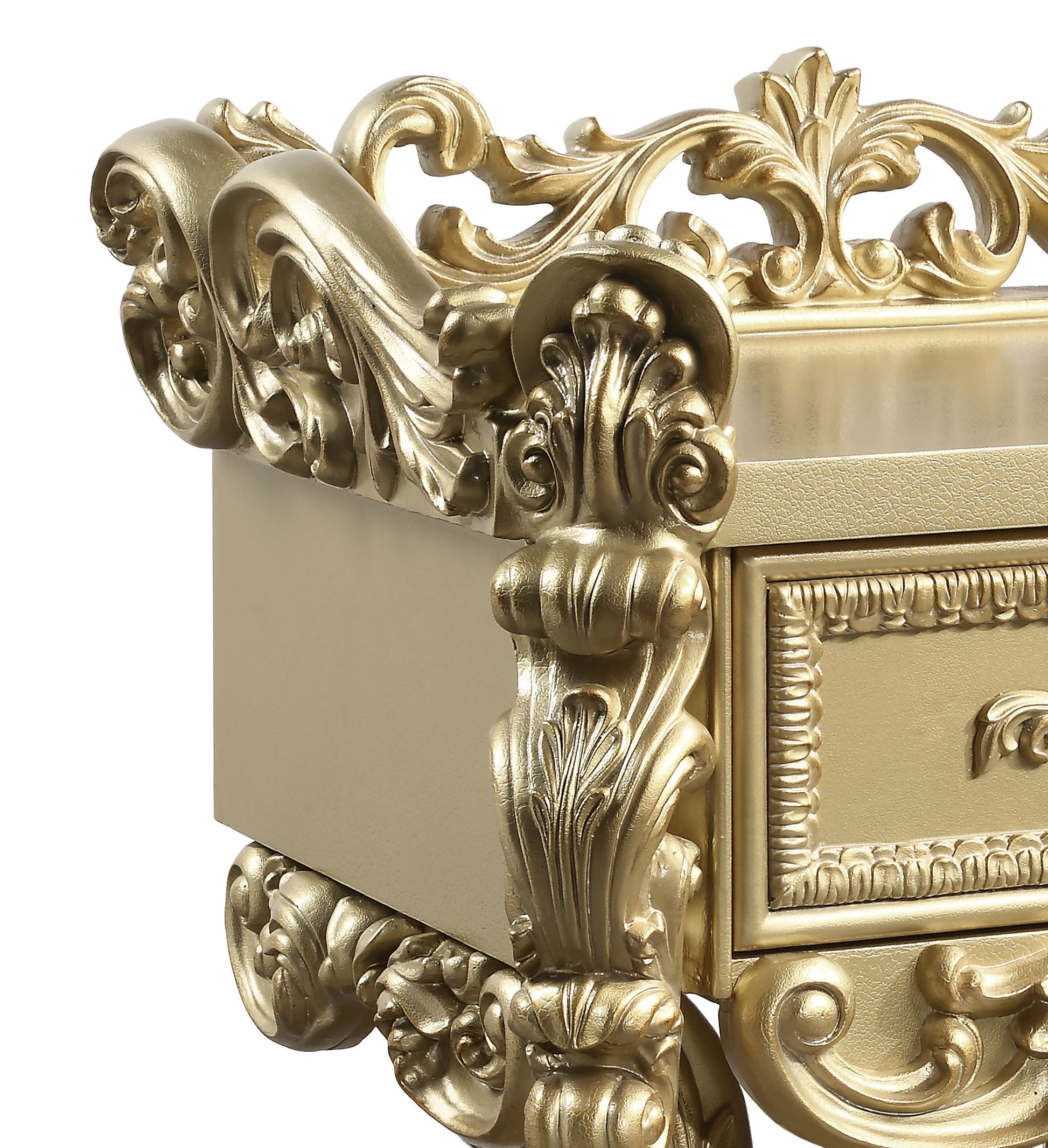 Ornate gold carved accent table with baroque detailing and a single drawer