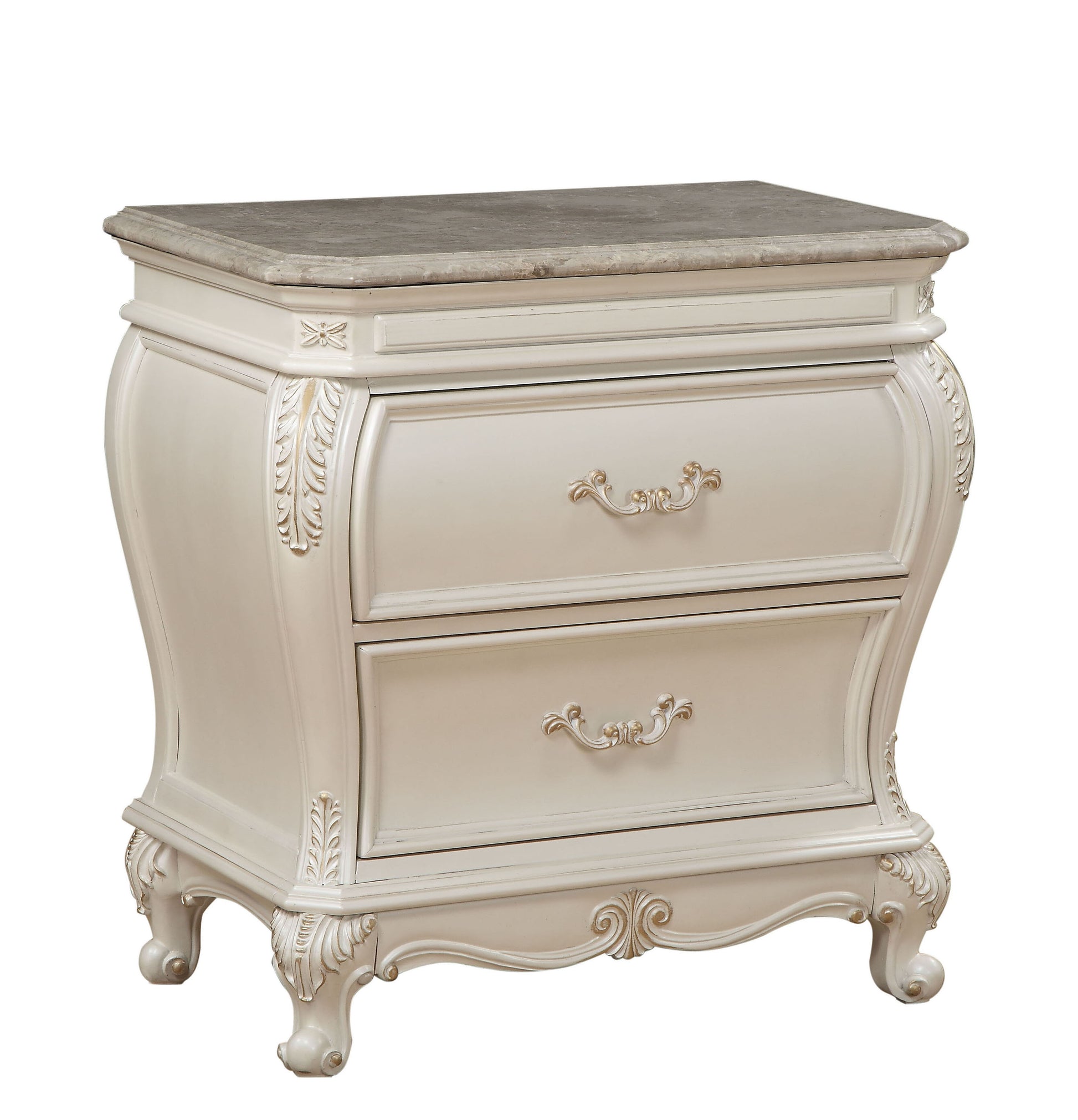 Cream baroque nightstand with ornate gold hardware and marble top