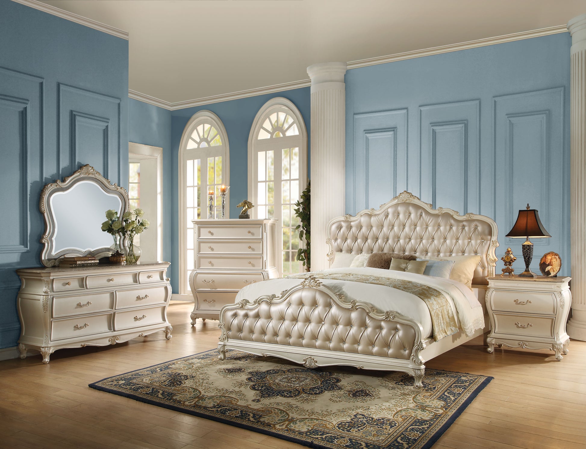 Tufted cream leather bed with crystal accents elegant bedroom furniture set