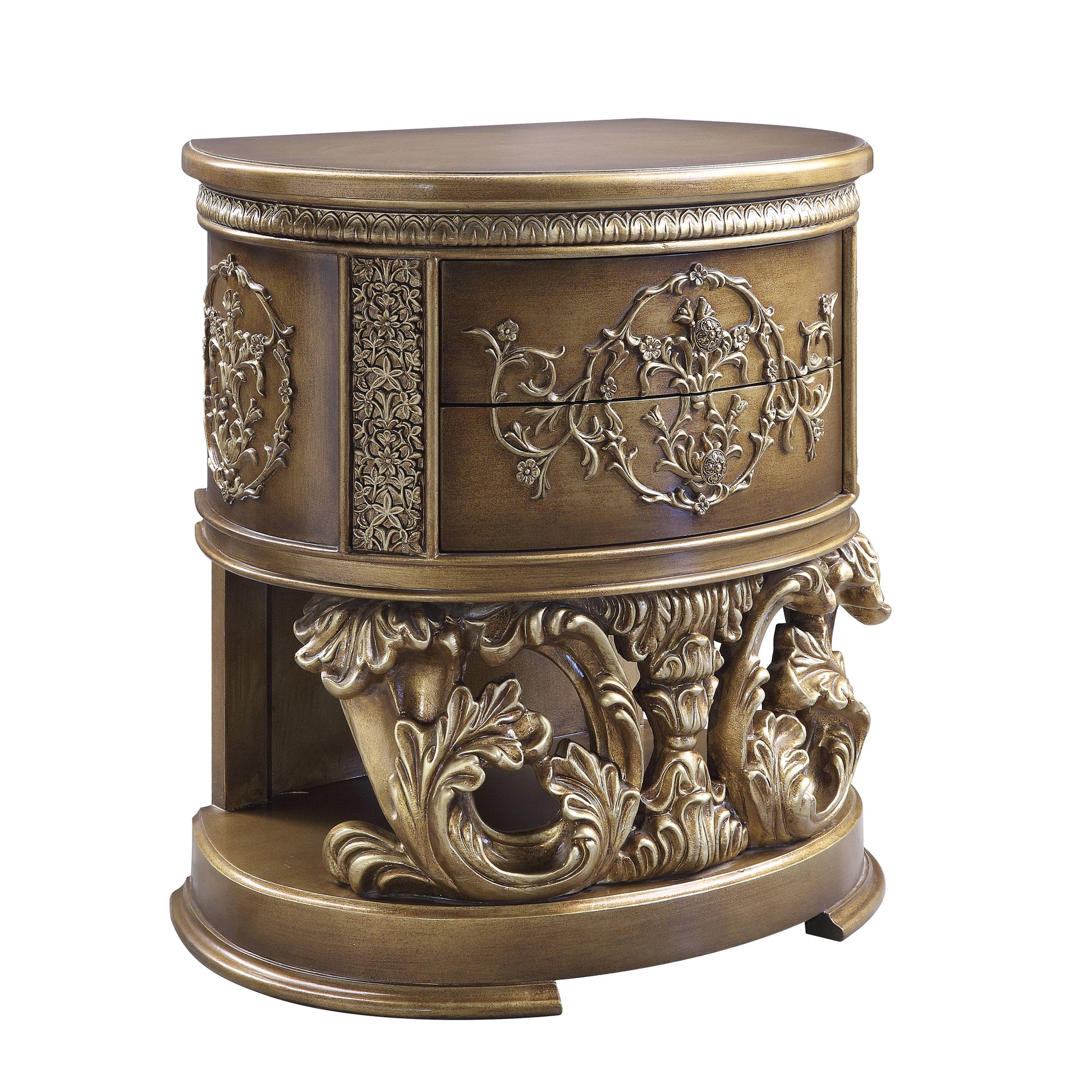 Ornate antique gold curved nightstand with ornate carvings and detailed floral accents