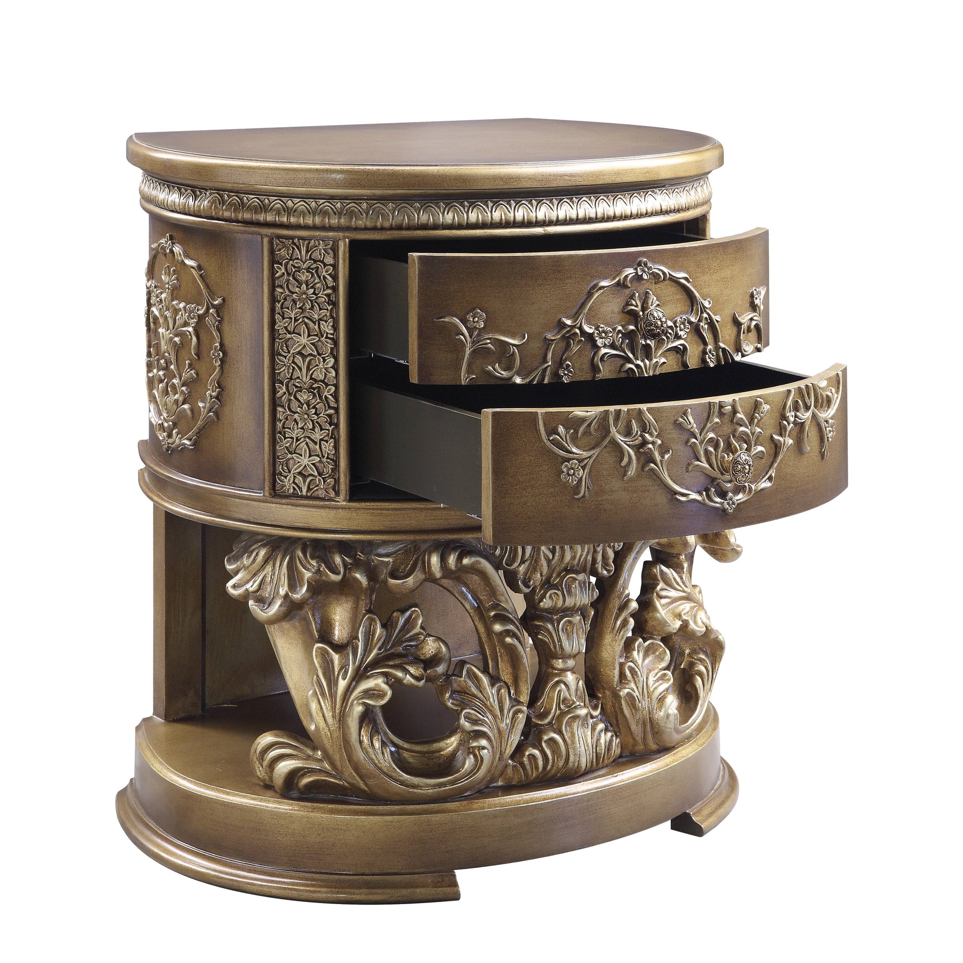 Antique gold ornate nightstand with two open drawers and carved details