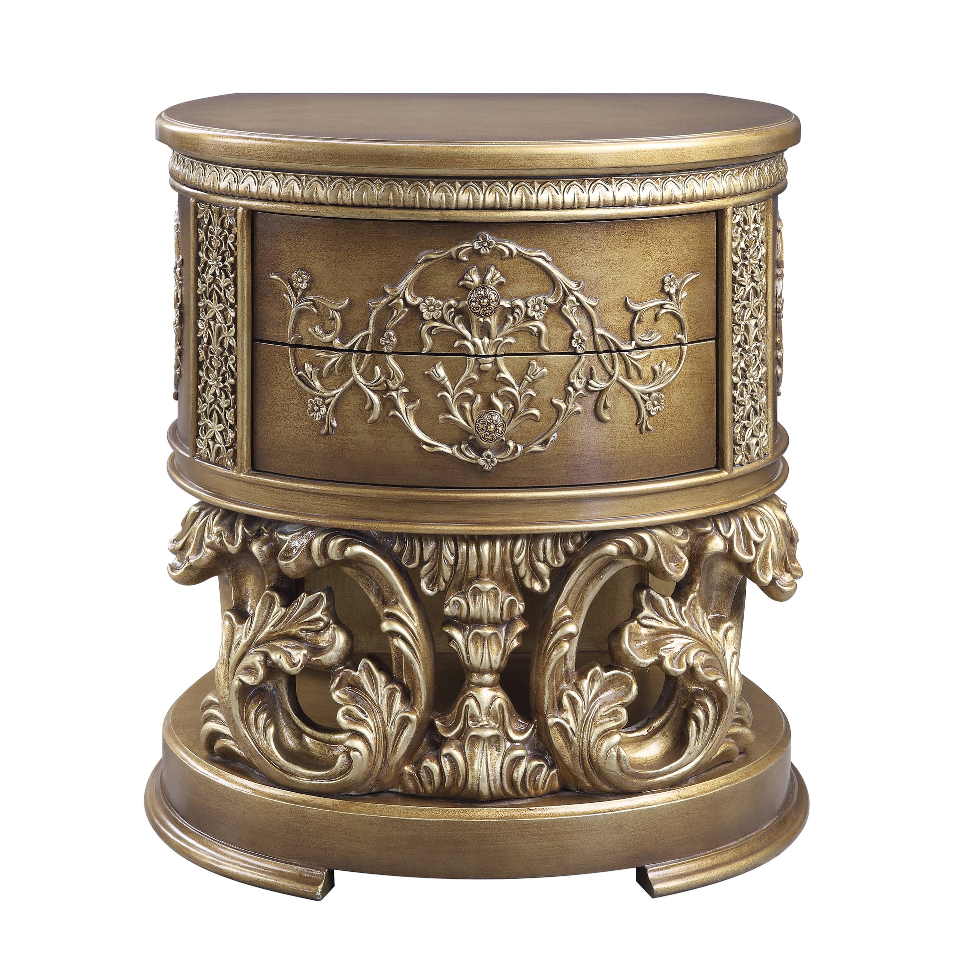 Antique gold accent cabinet with ornate carvings and two drawers perfect for a vintage living room