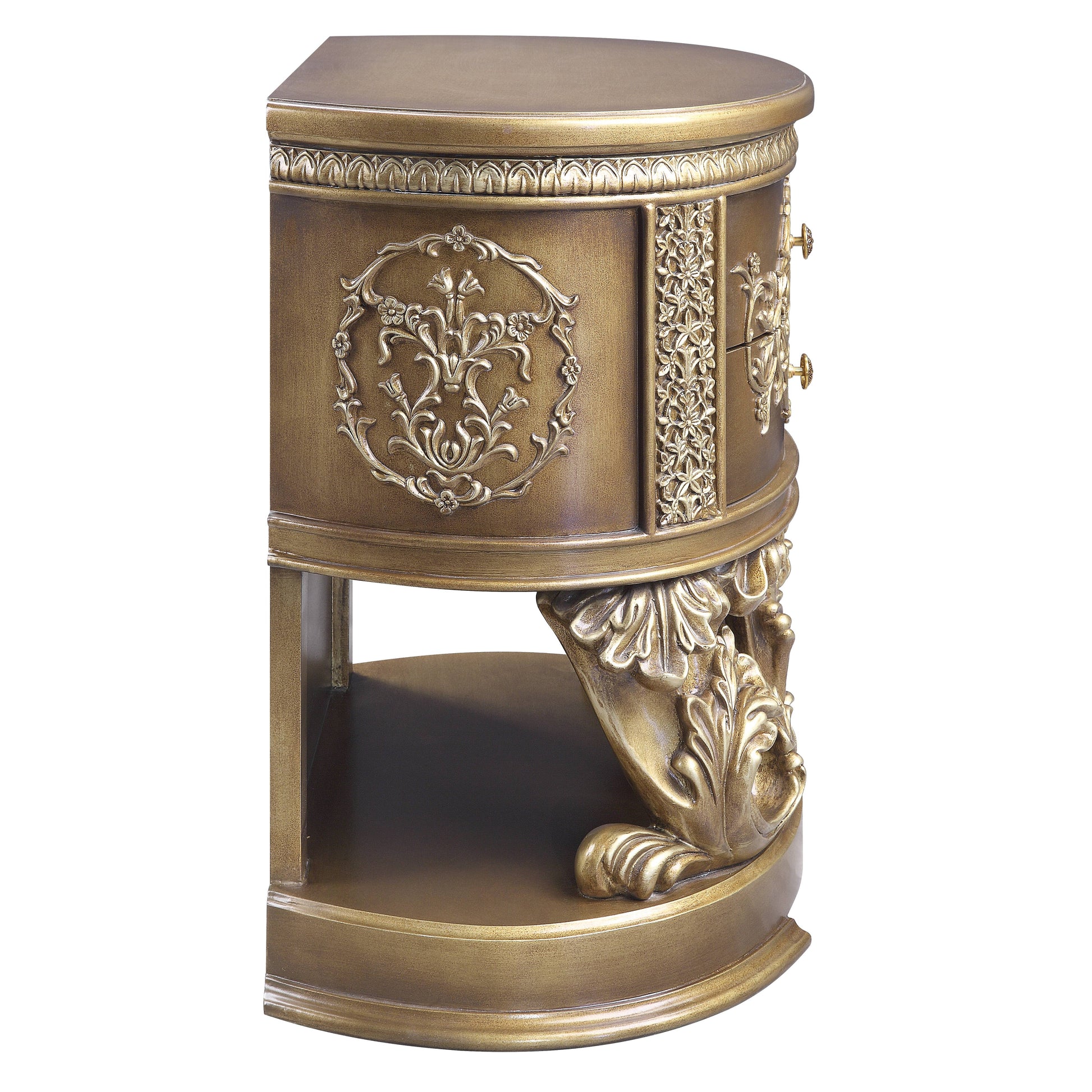 Antique bronze ornate nightstand with detailed carvings and brass knobs