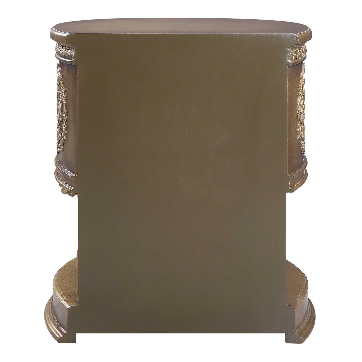 Antique gold carved console table with a matte bronze finish and ornate detailing