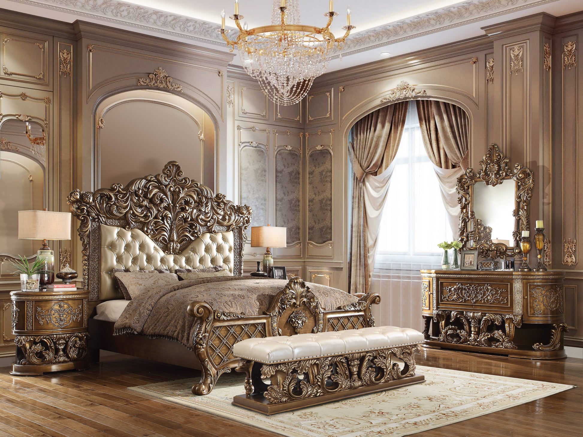 Ornate carved wood baroque king bed with cream tufted headboard and matching bench