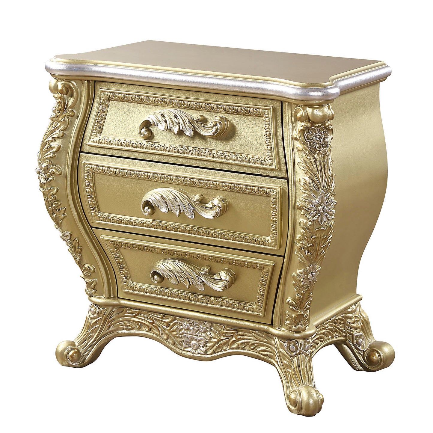 Ornate gold bedside table with three drawers and carved details