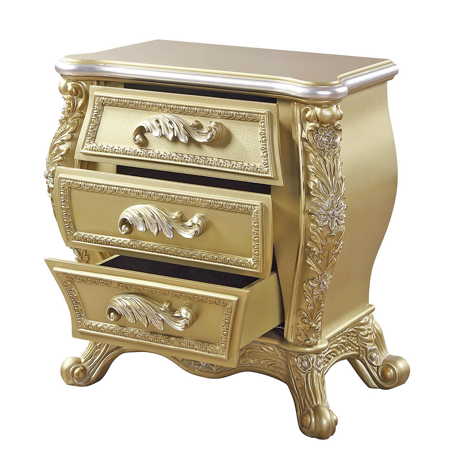 Elegant gold ornate nightstand with three drawers ornate carved details and cabriole legs