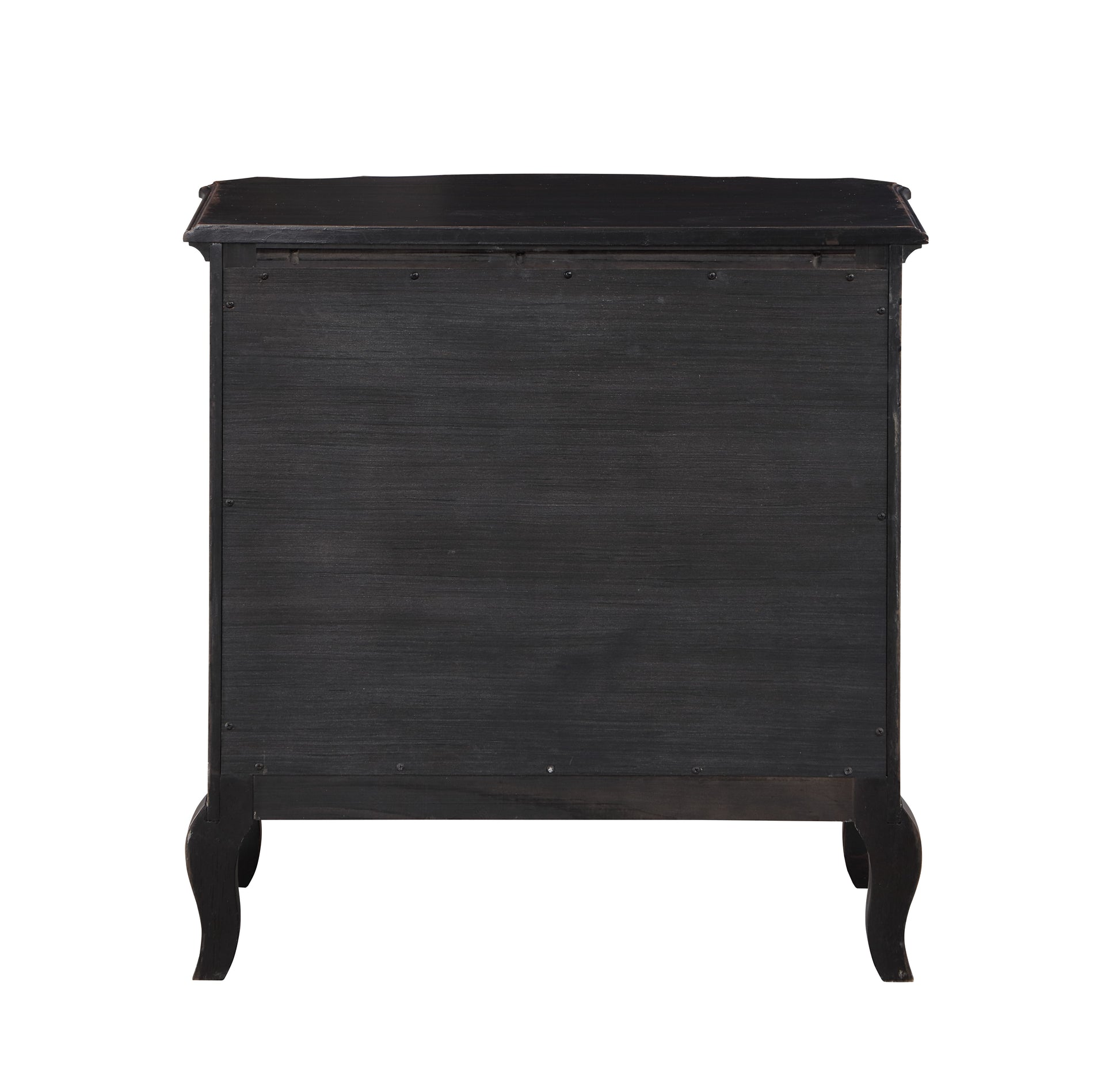 Dark wood antique dresser with ornate cabriole legs seen from the back