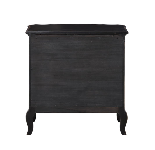 Dark wood antique dresser with ornate cabriole legs seen from the back