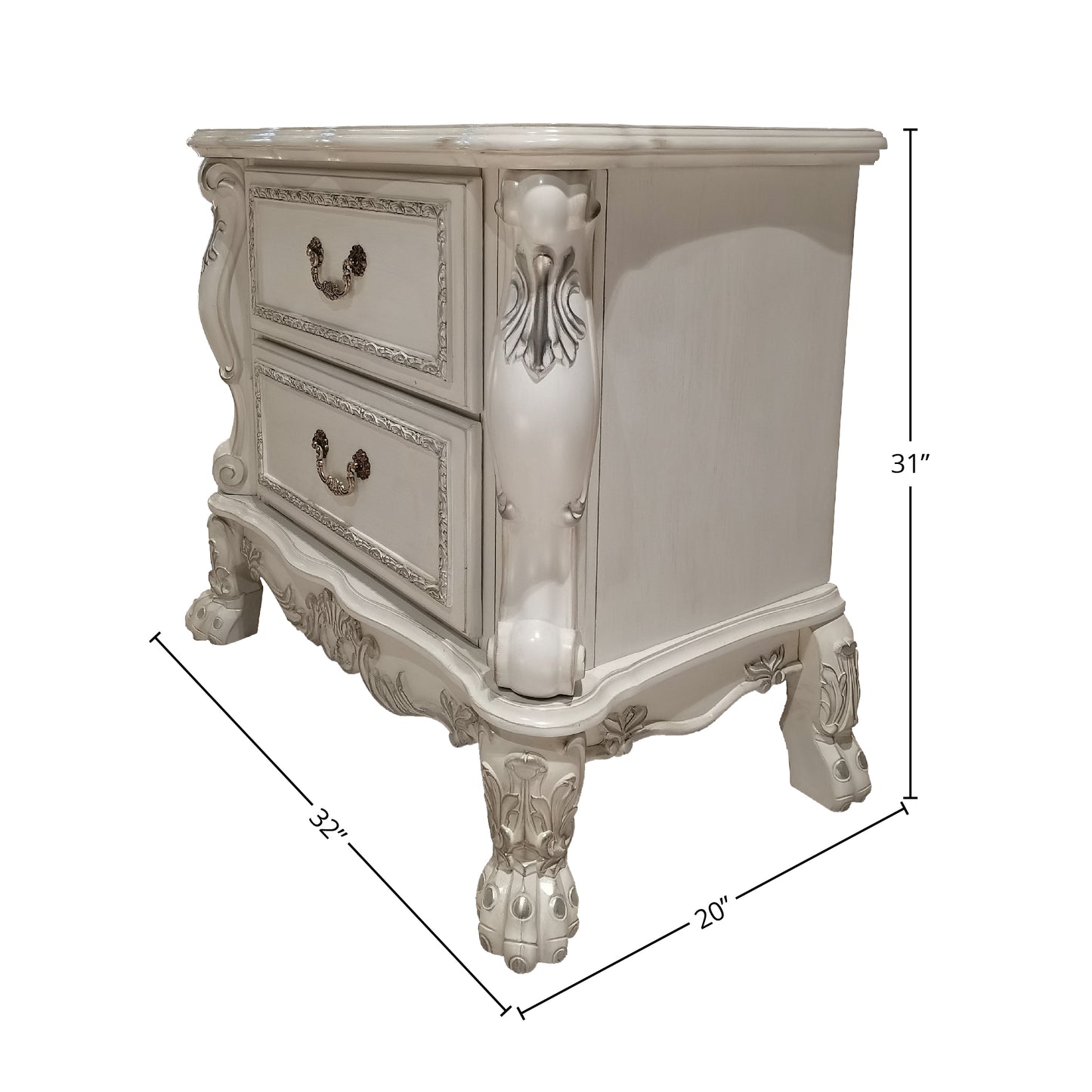 Ornate antique white nightstand with two drawers and detailed carvings