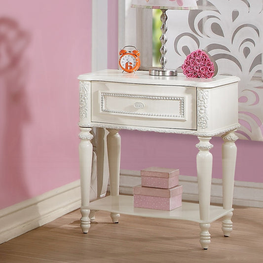 Ornate white nightstand with one drawer and lower shelf elegant bedroom accent