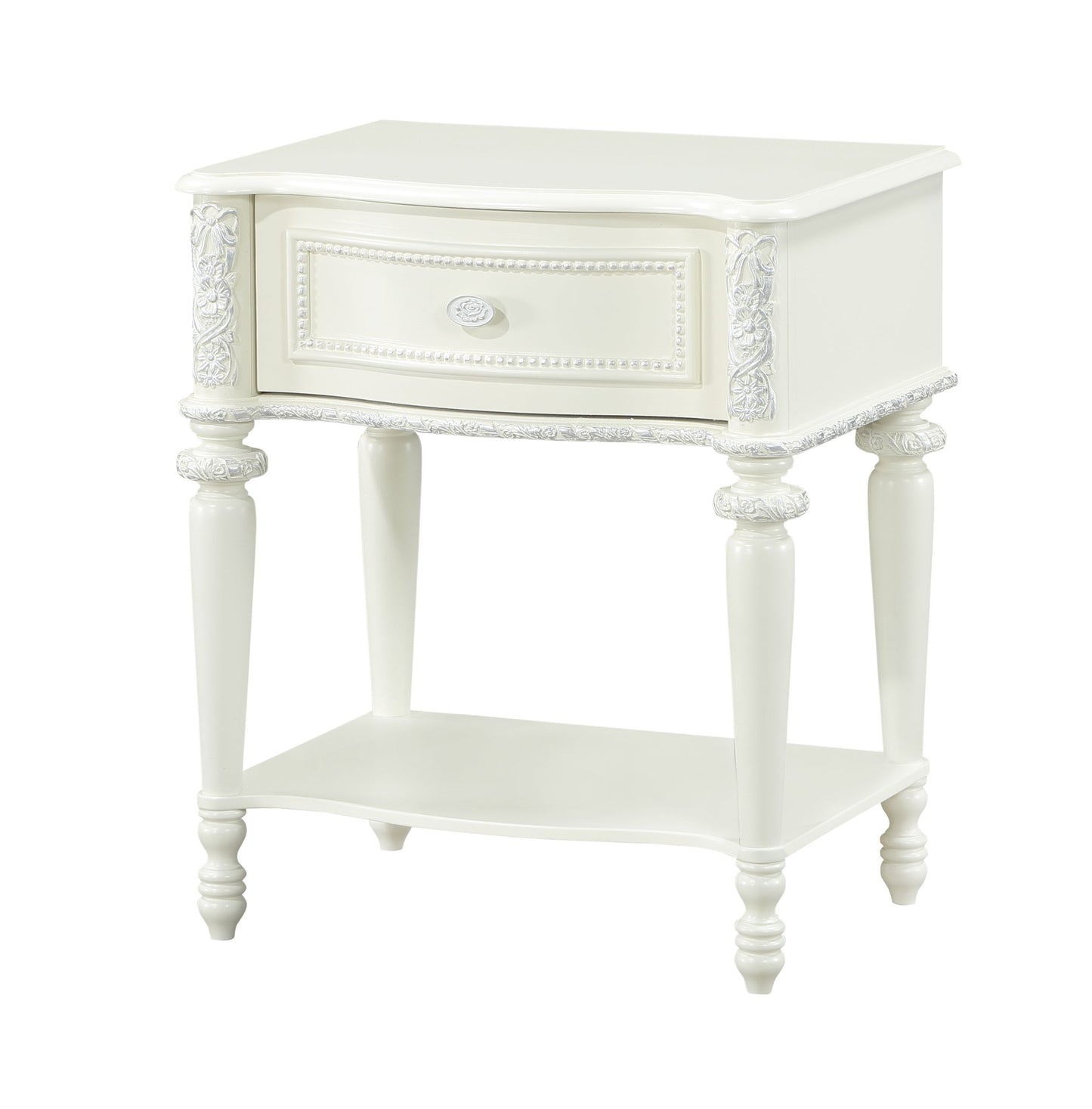 White ornate bedside table with single drawer and lower shelf
