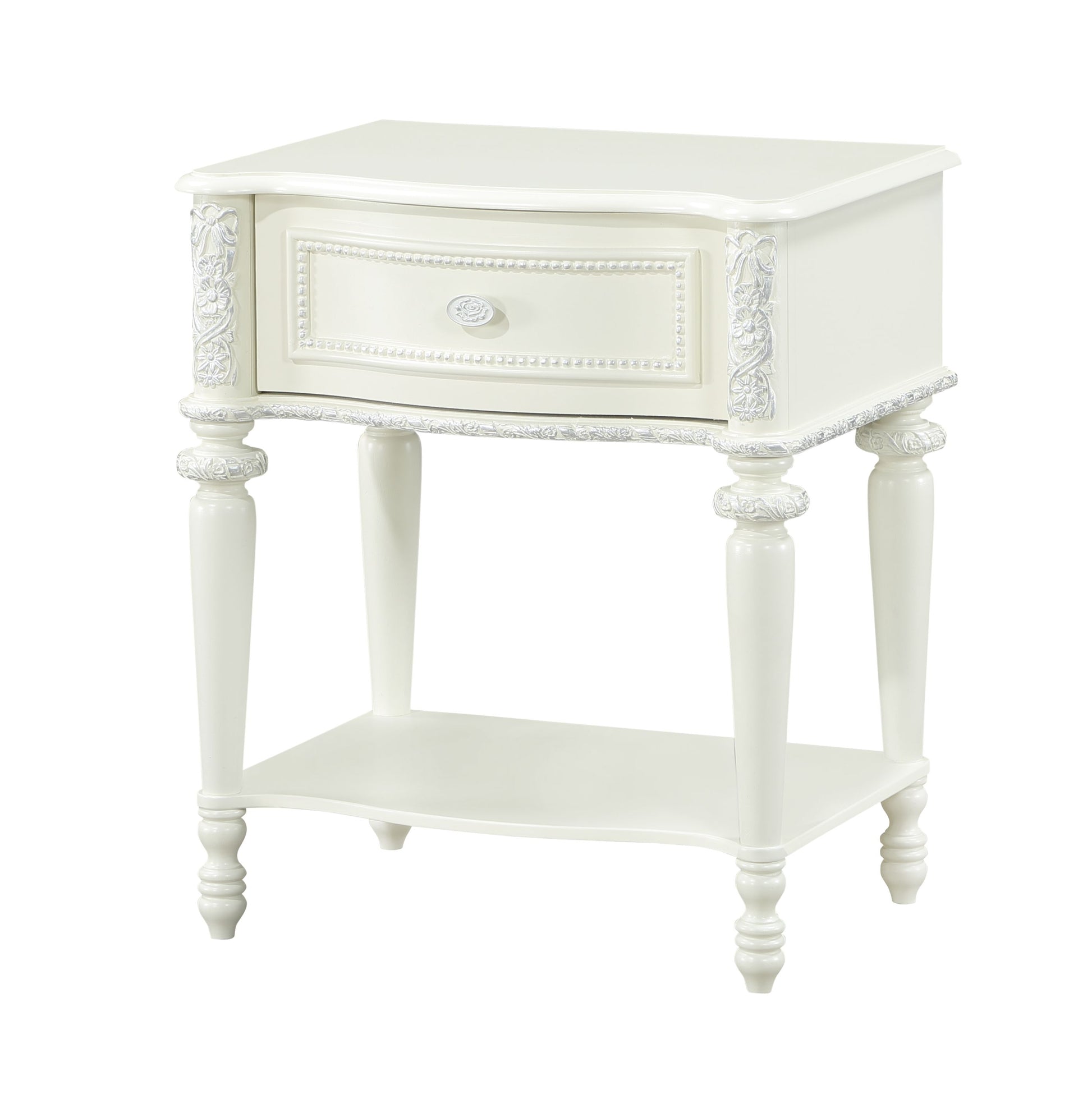 White ornate bedside table with single drawer and lower shelf