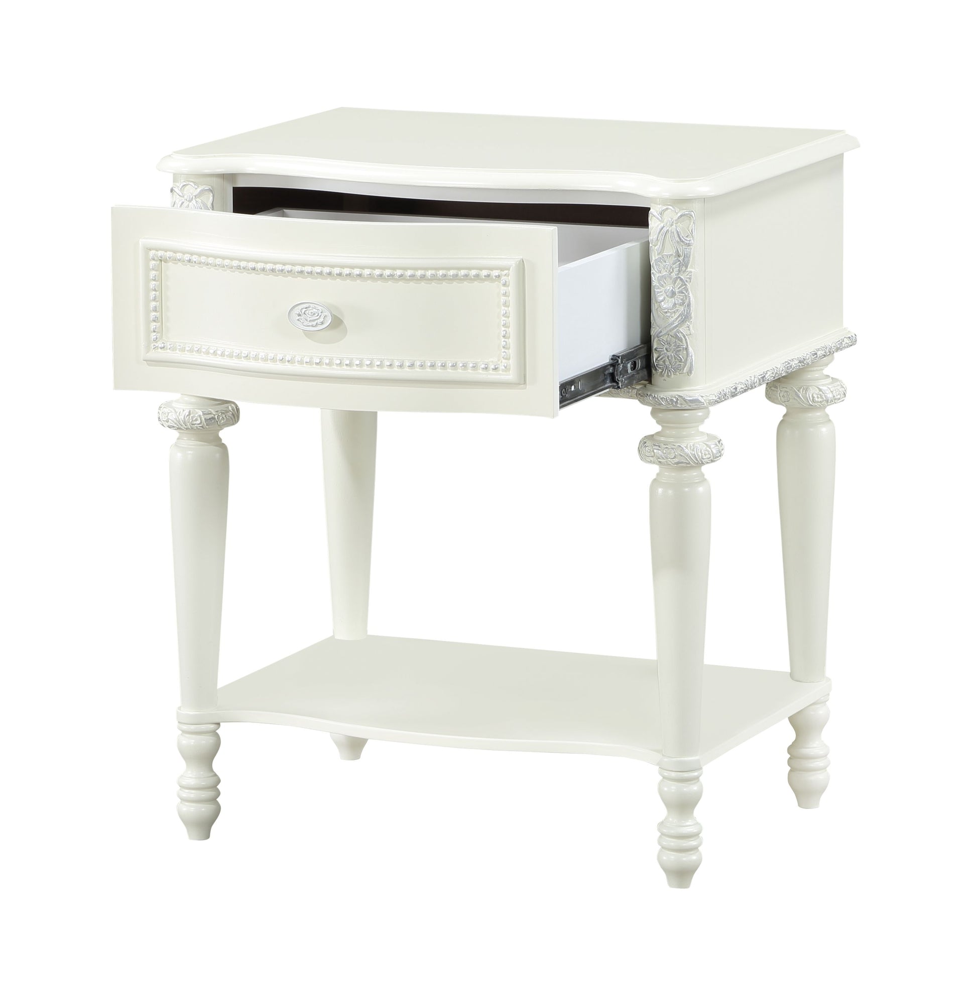 Ornate white accent table with single drawer and lower shelf perfect for a bedside