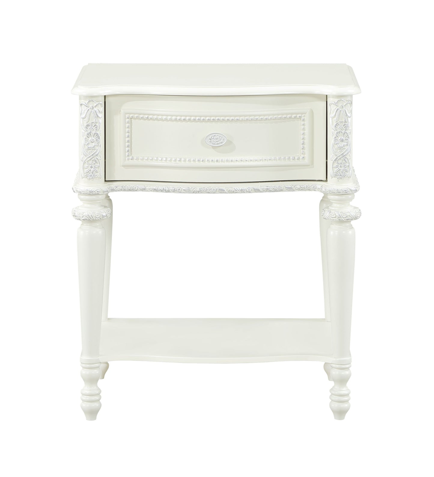 Ornate white wooden nightstand with carved floral details and a single drawer
