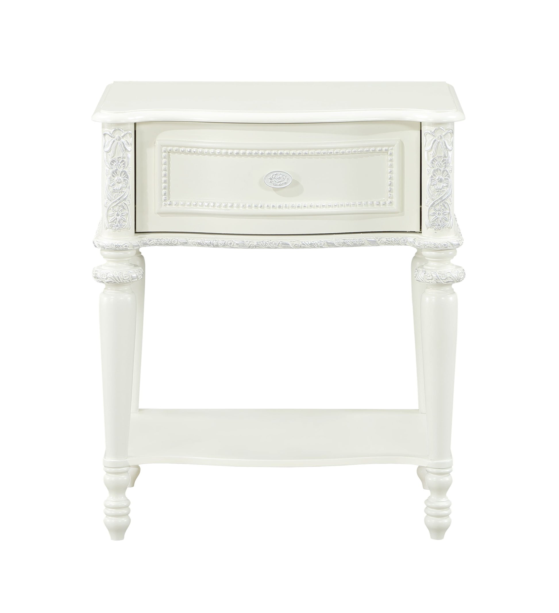 Ornate white wooden nightstand with carved floral details and a single drawer
