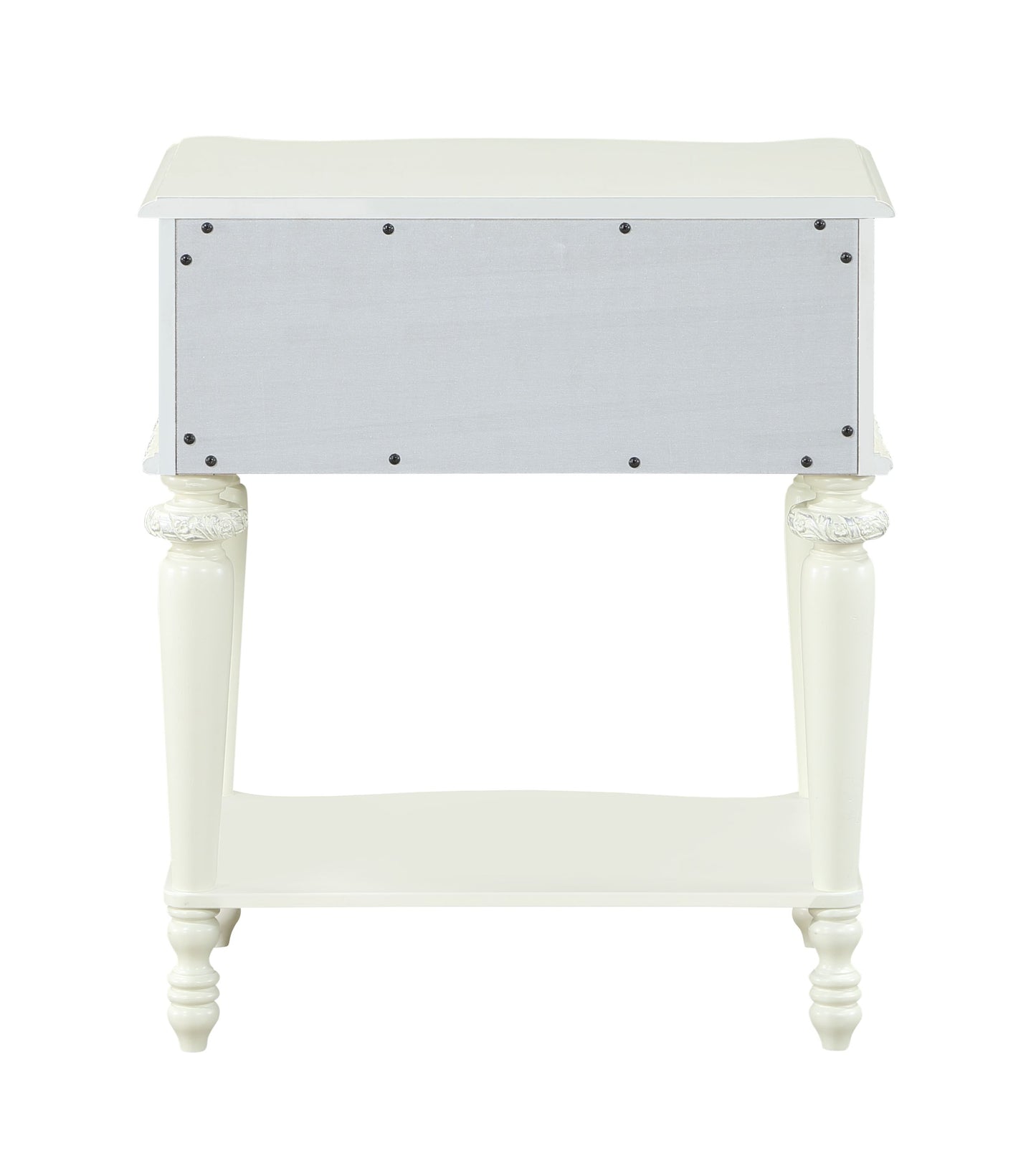Creamcolored nightstand with carved legs and open shelf traditional style
