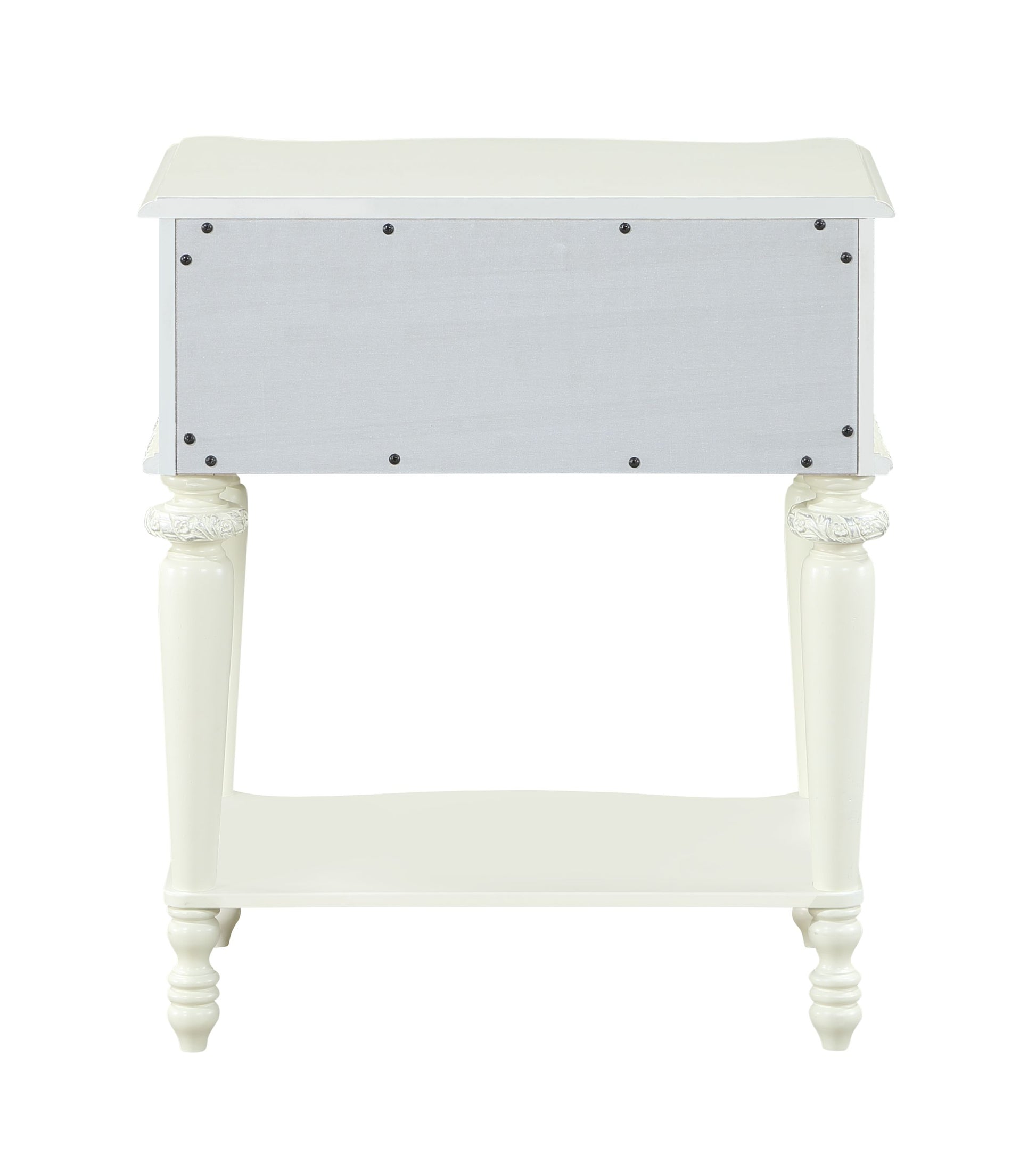 Creamcolored nightstand with carved legs and open shelf traditional style