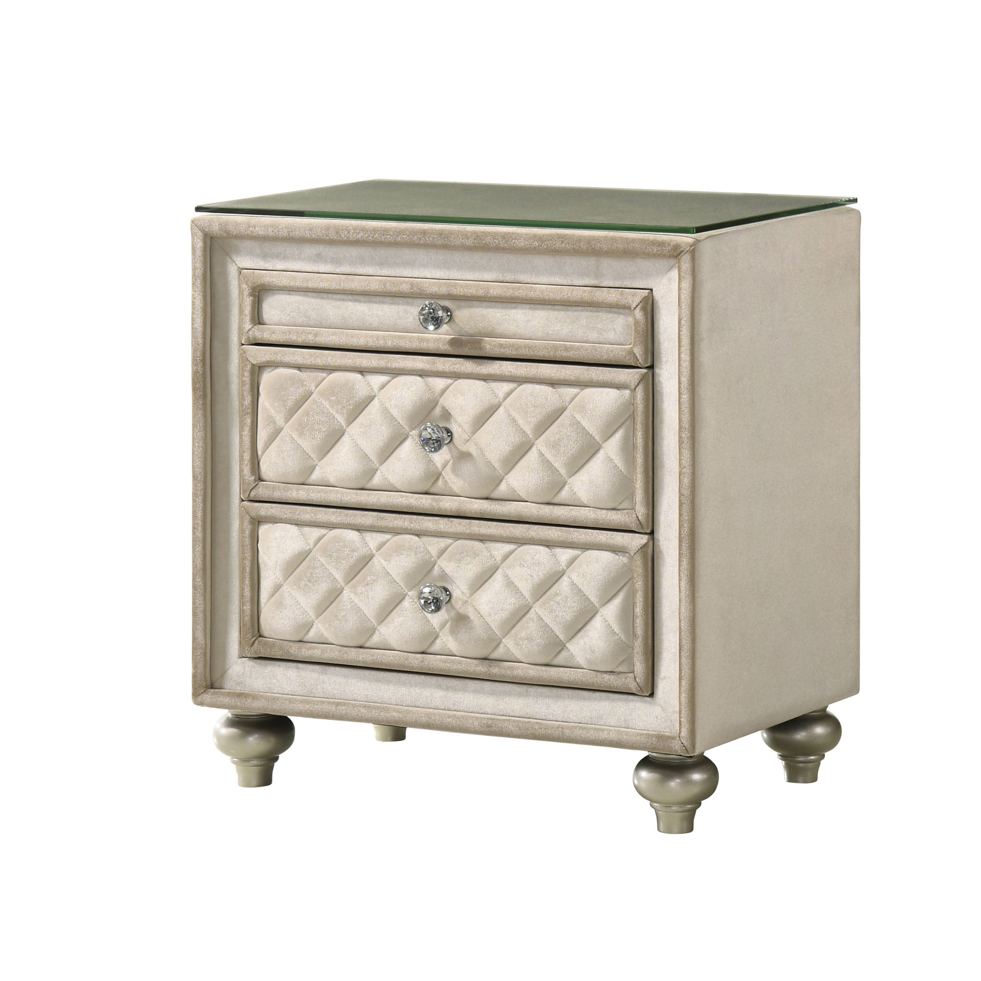Elegant beige velvet nightstand with a glass top and crystal knobs