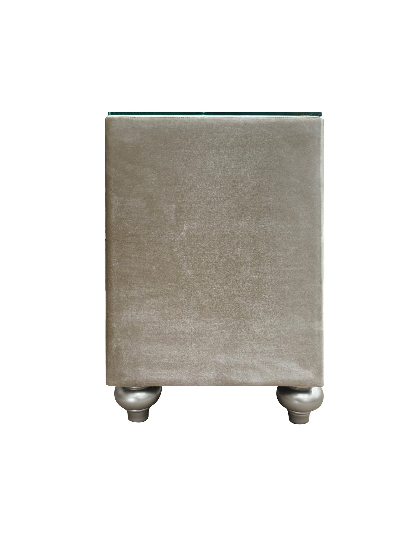 Taupe velvet bedside table with glass top and silver bun feet