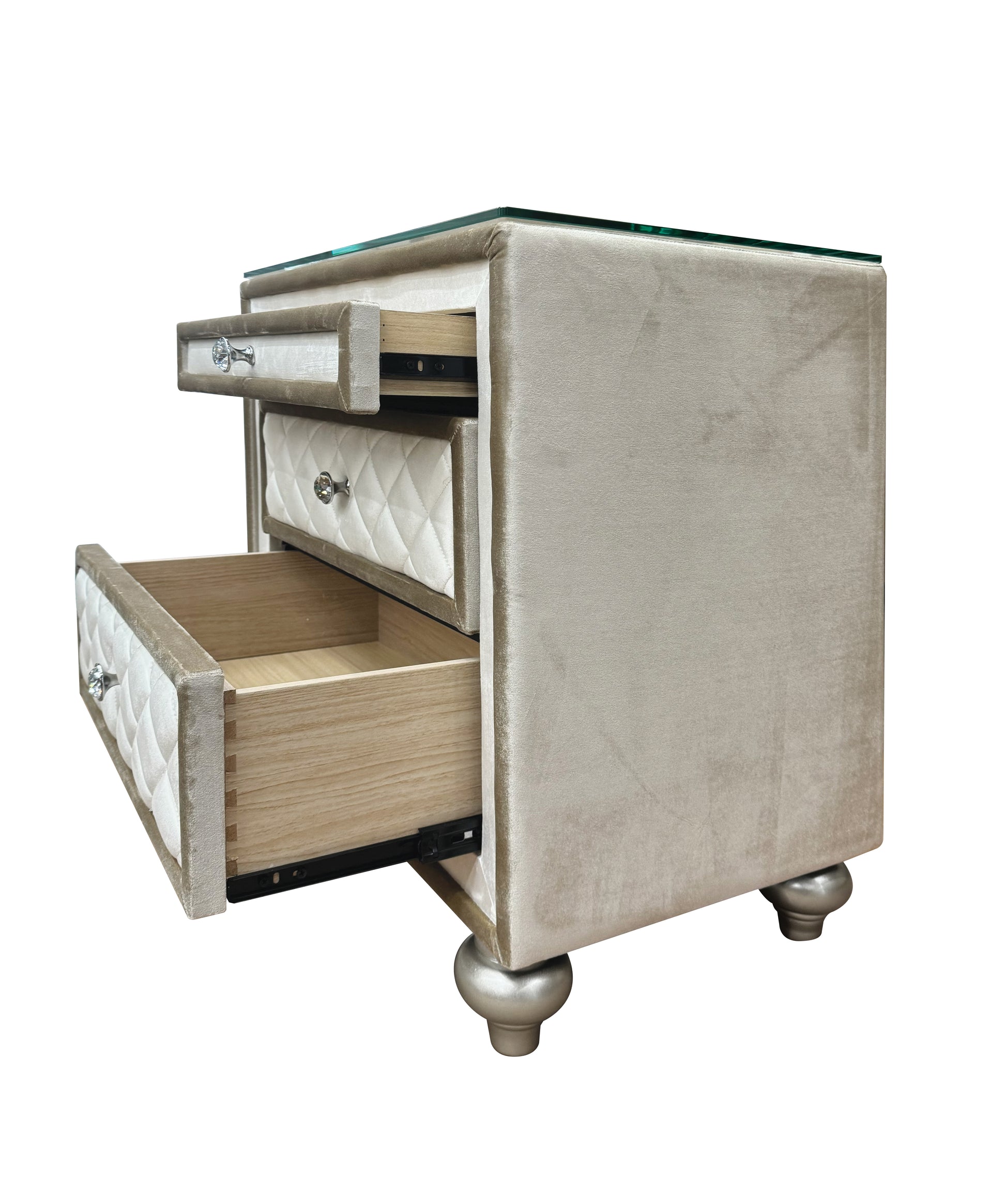 Glamorous beige velvet nightstand with glass top and diamondtufted drawer fronts