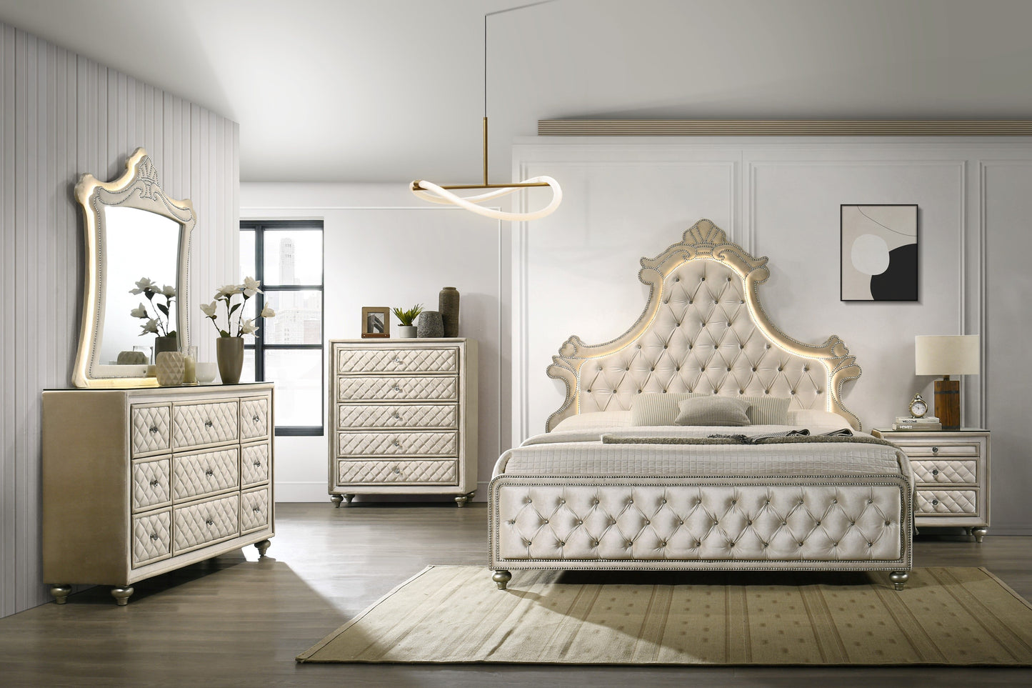 Tufted champagne velvet bed frame with LED lighting and crystal accents