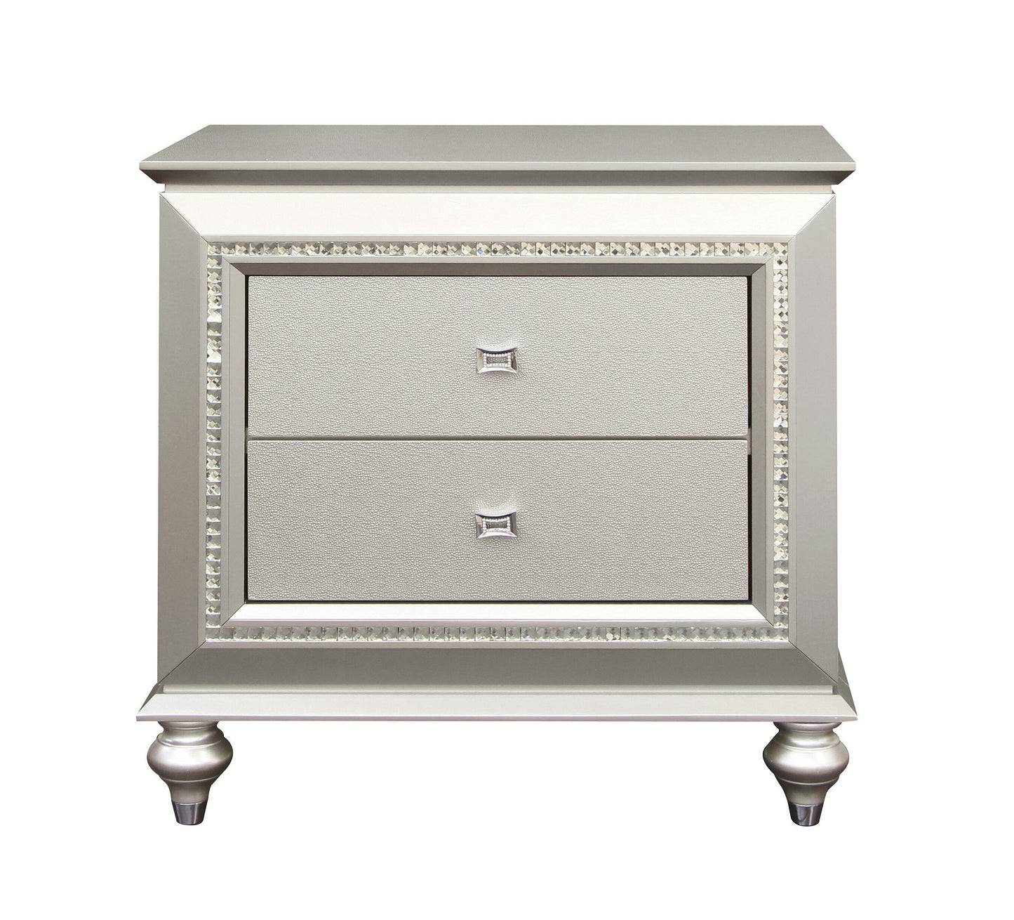 Glamorous silver nightstand with two textured drawers and crystal accents