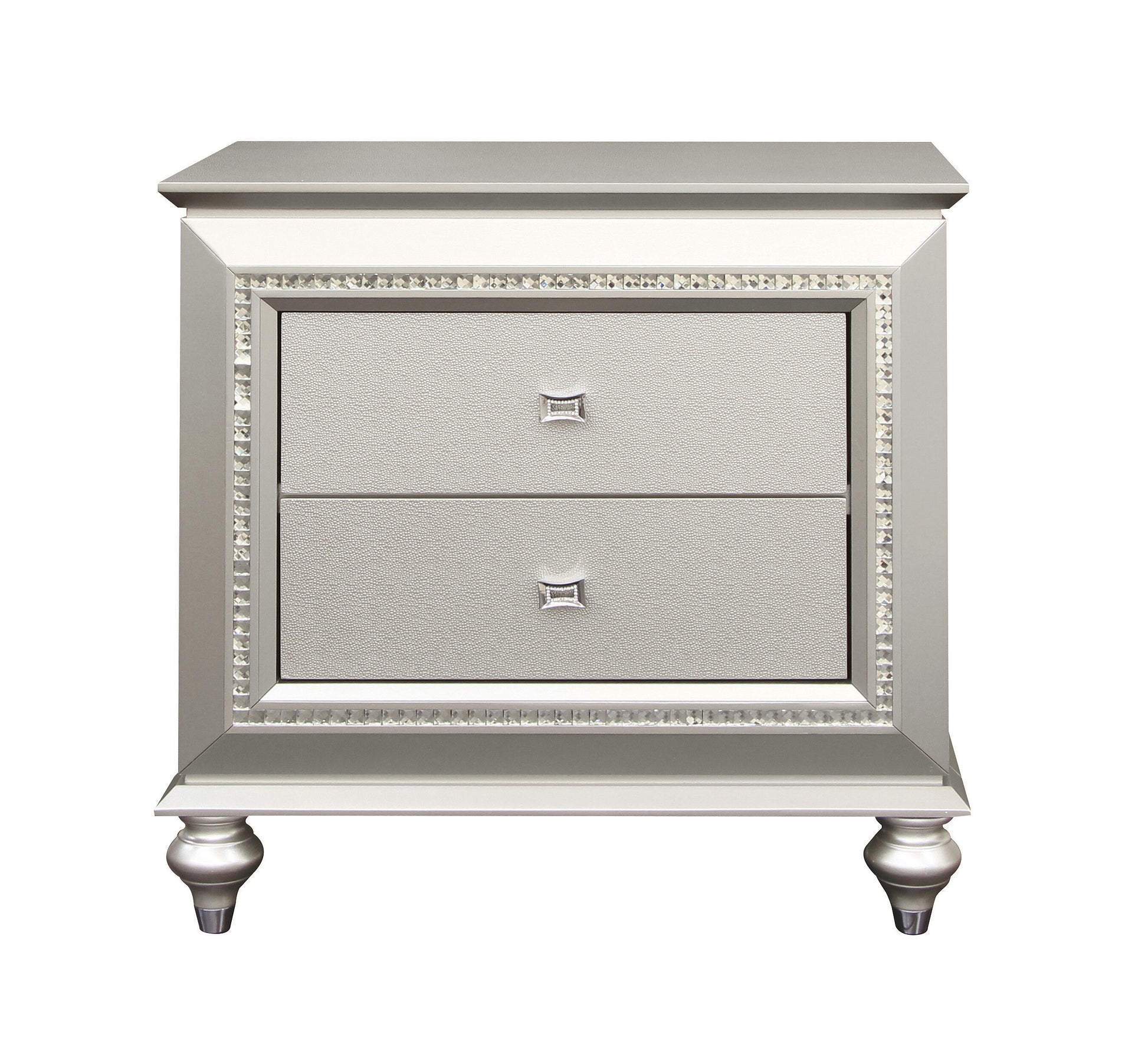 Glamorous silver nightstand with two textured drawers and crystal accents